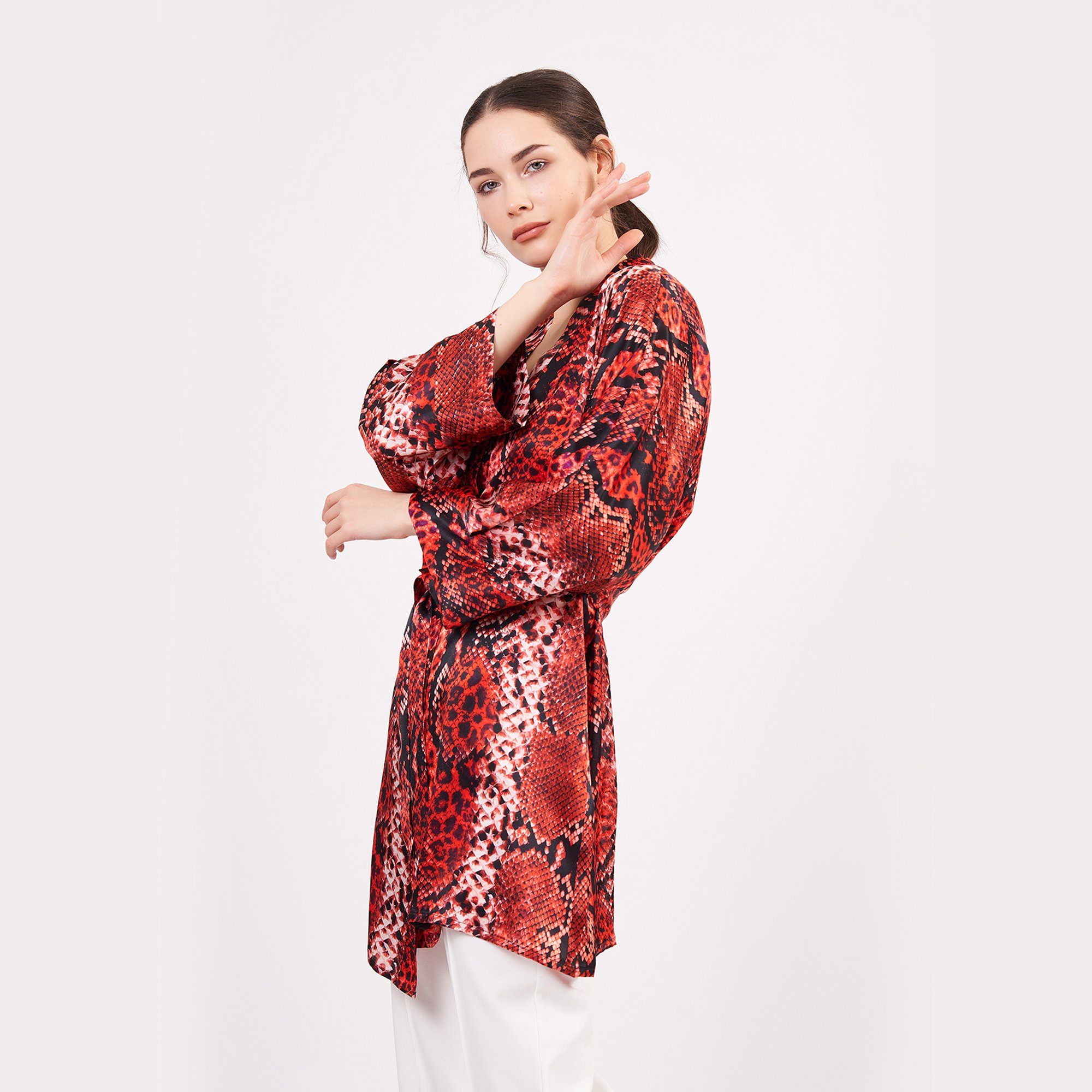 Saf İpek Kısa Kimono Kaftan | Yılan Derisi Desen Kırmızı | Nomads Felt