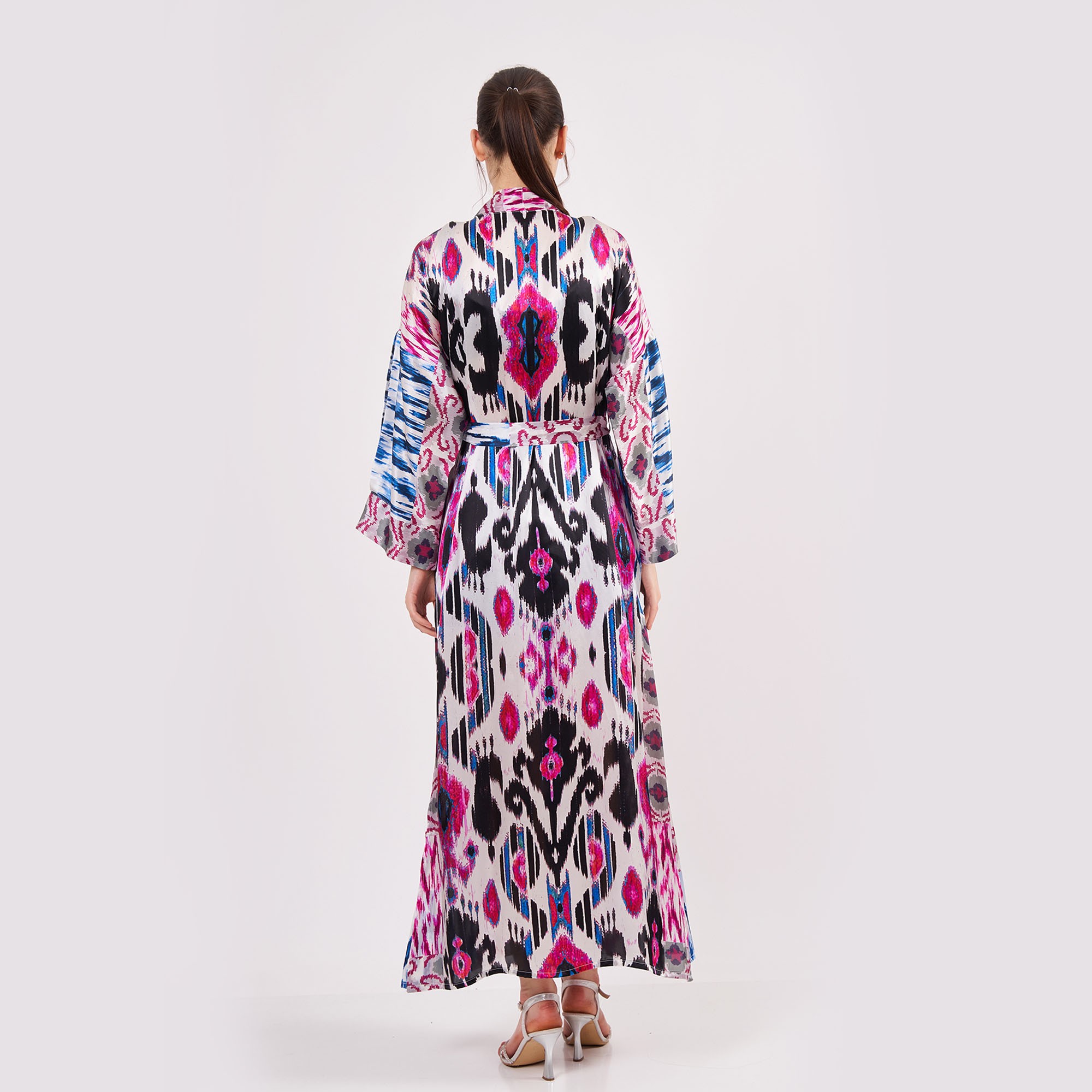 Silk Maxi Kimono Kaftan | Ikat Pattern 15 | Oversized Long Kimono Robe | Beachwear for Women | Plus Size Luxury Kaftan Pool Wear