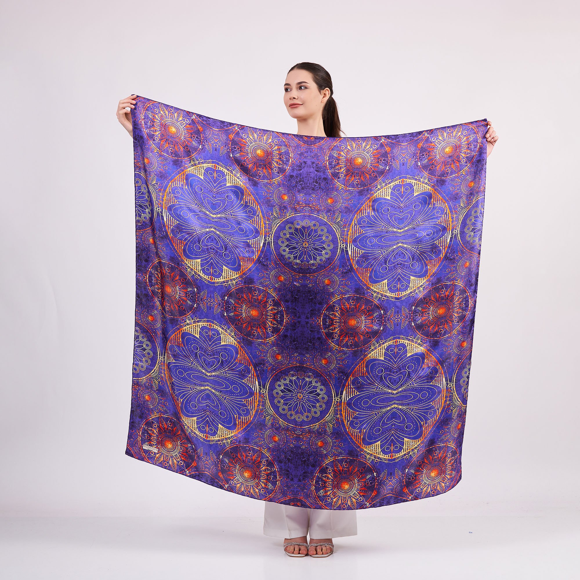 100% Silk Shawl Scarf | Mandala Pattern | 140cm | Purple | Nomads Felt