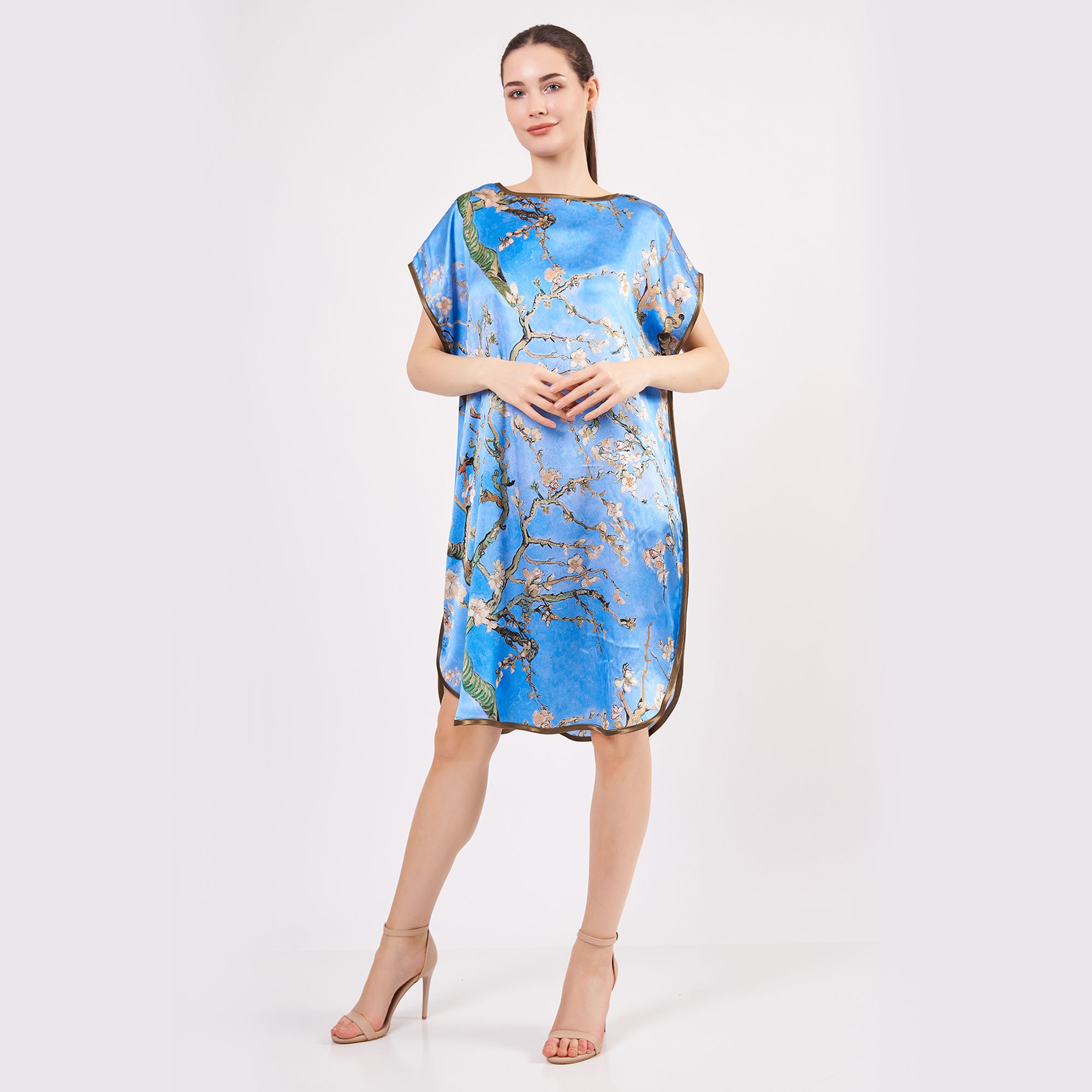 %100 İpek Kısa Elbise | Van Gogh Badem Çiçeği Desen Mavi | Nomads Felt