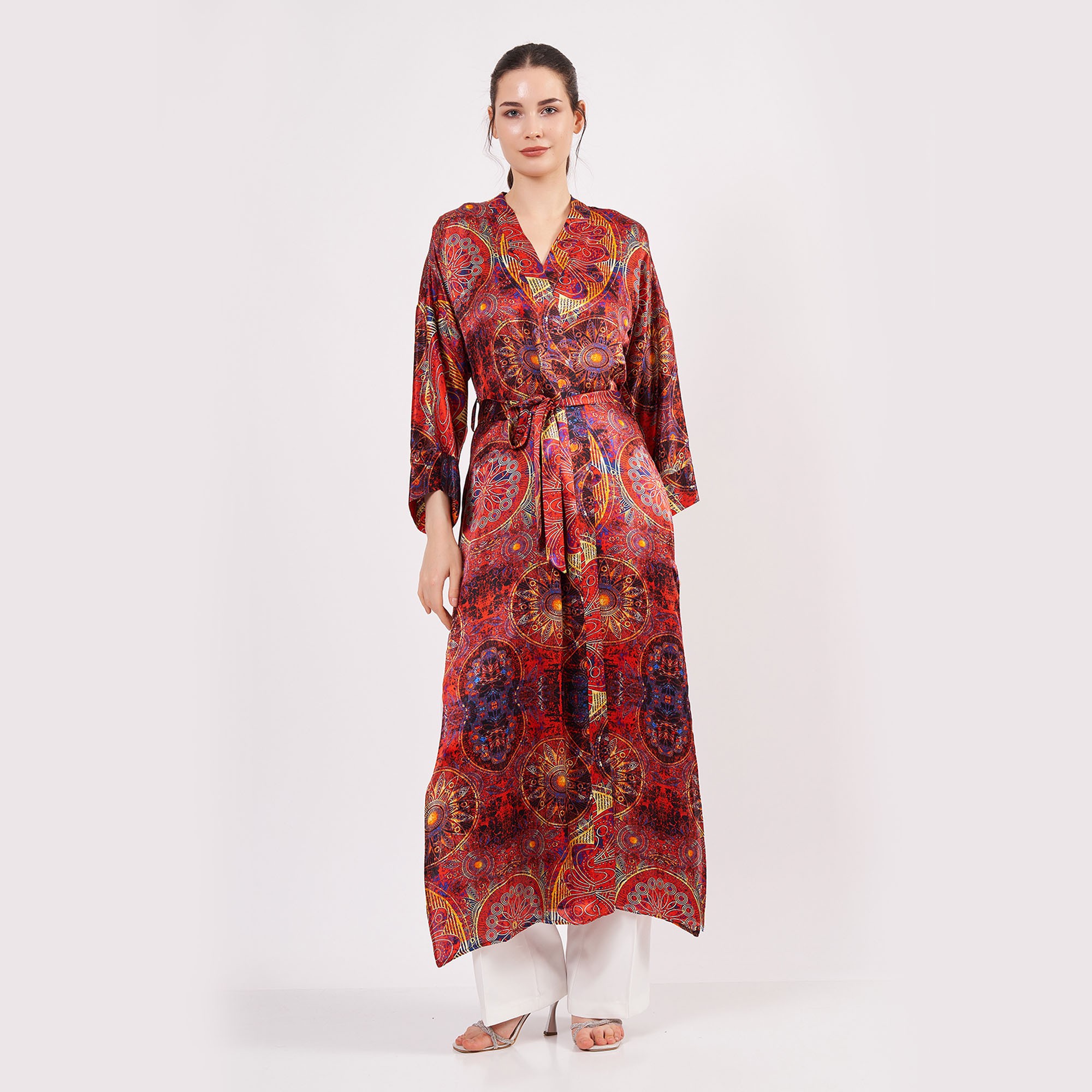 Pure Silk Maxi Kimono Kaftan | Oversized Long Kimono Robe | Red Mandala Pattern