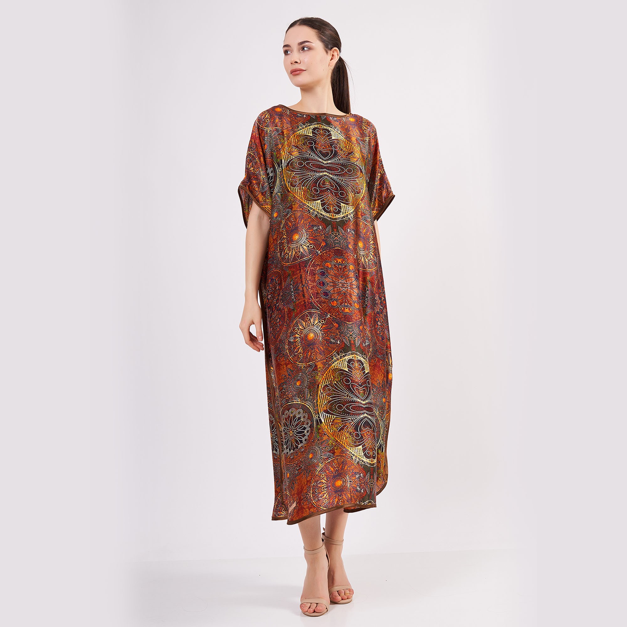 Saf İpek Uzun Elbise | Mandala Desen Kahverengi | Nomads Felt