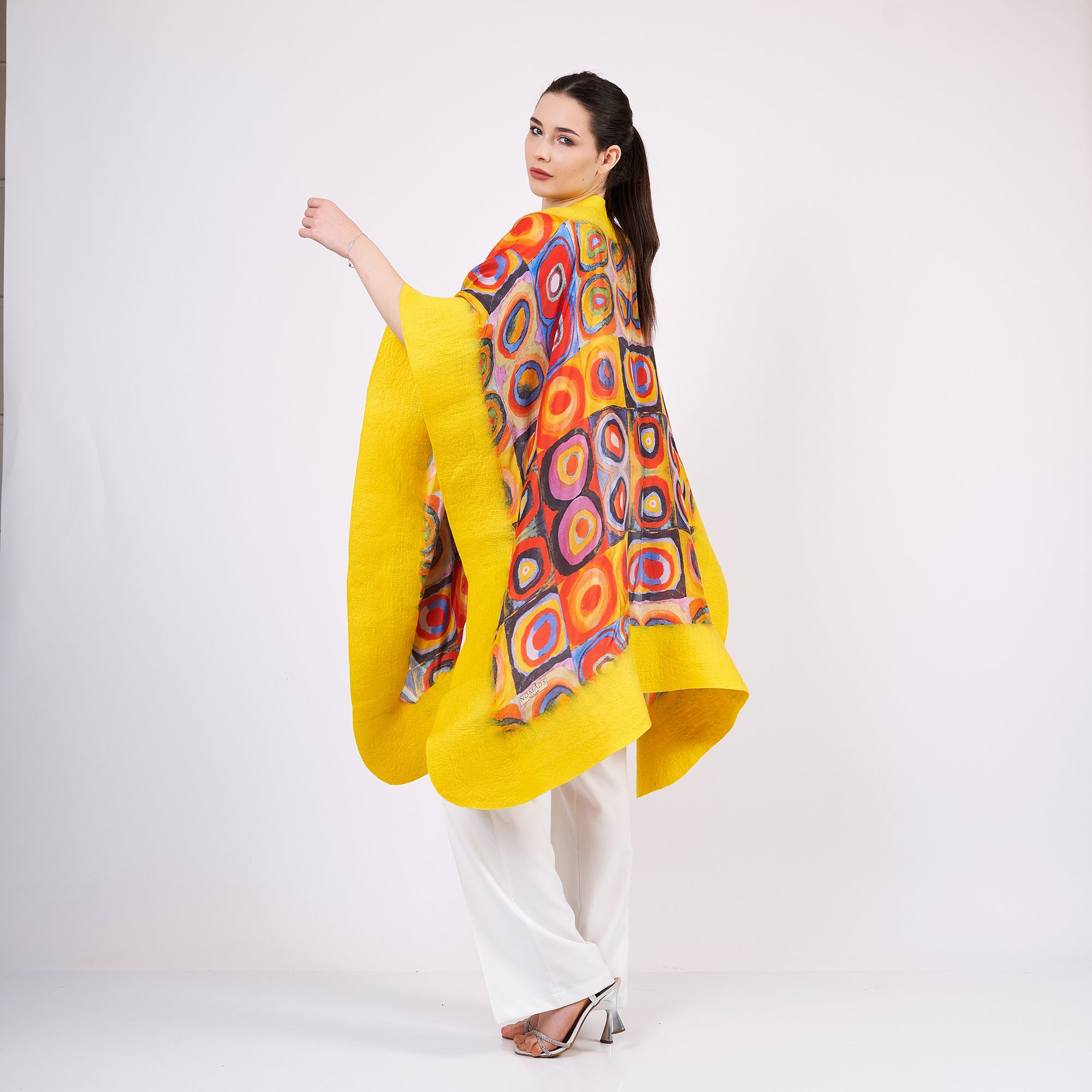 Handmade Silk Felted Women Poncho |  Yellow Kandinsky Squares with Circles
