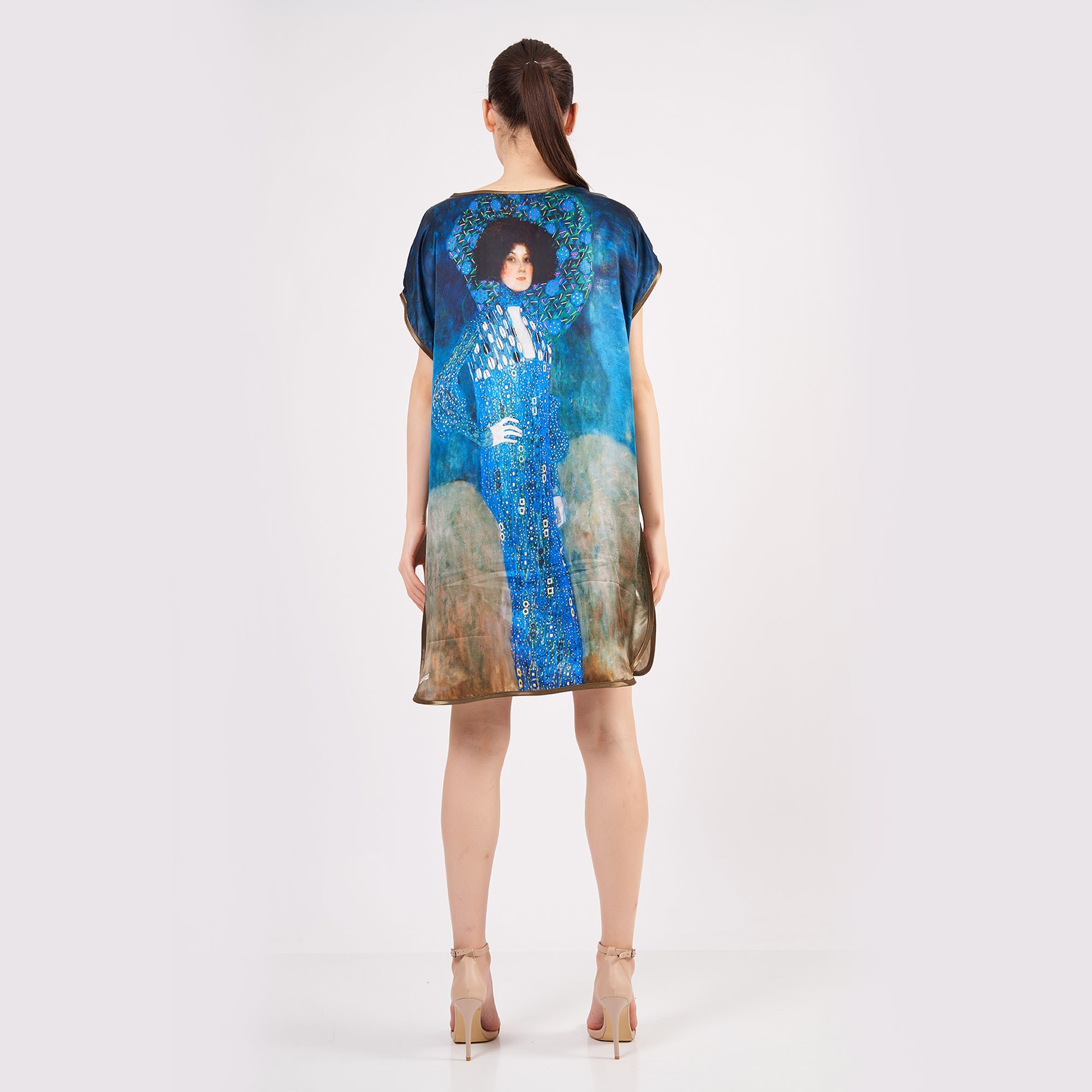 %100 İpek Kısa Elbise | Gustav Klimt Emilie Floge