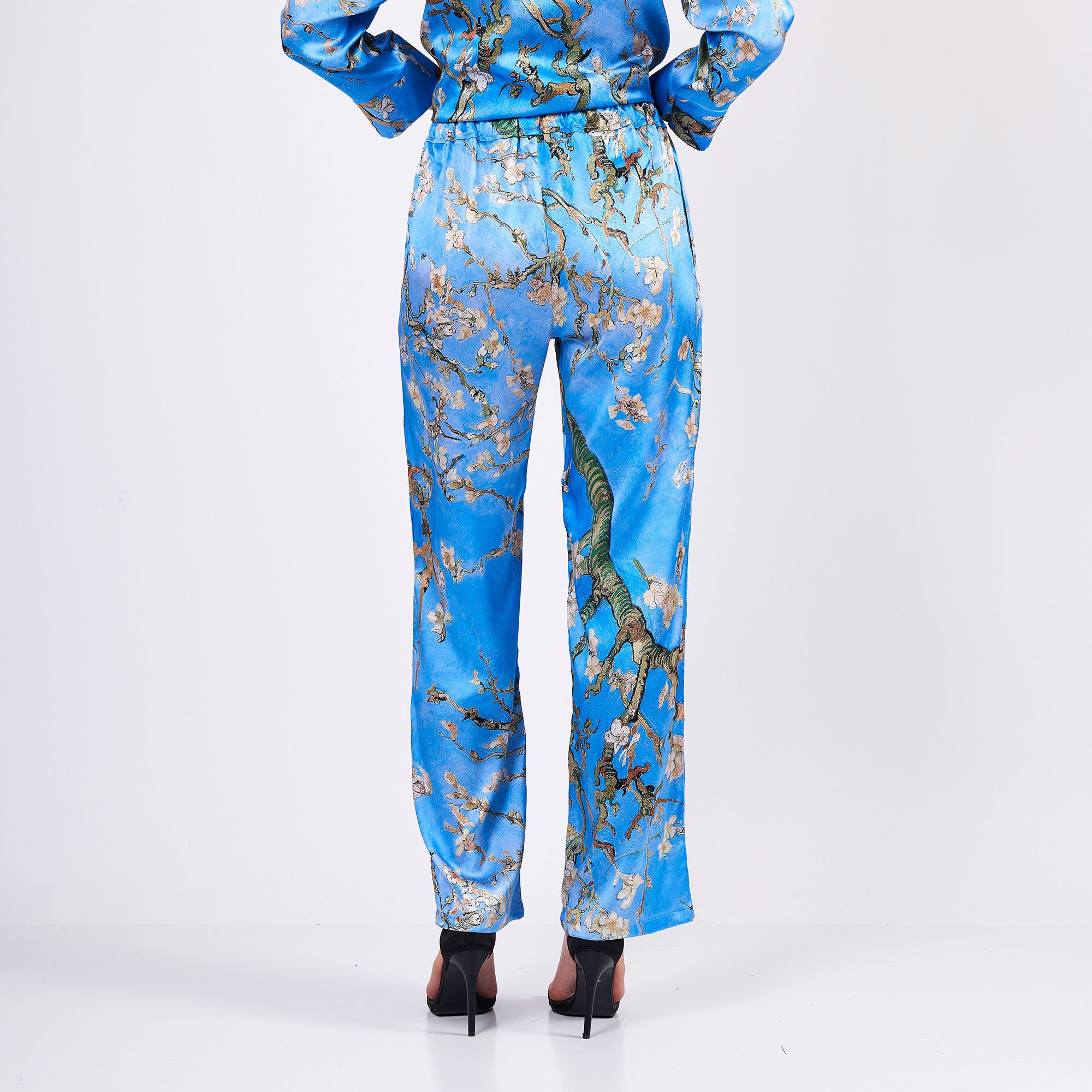 Pure Silk Shirt Pants Set/Pajamas Set for Women | Van Gogh Almond Blossoms Blue