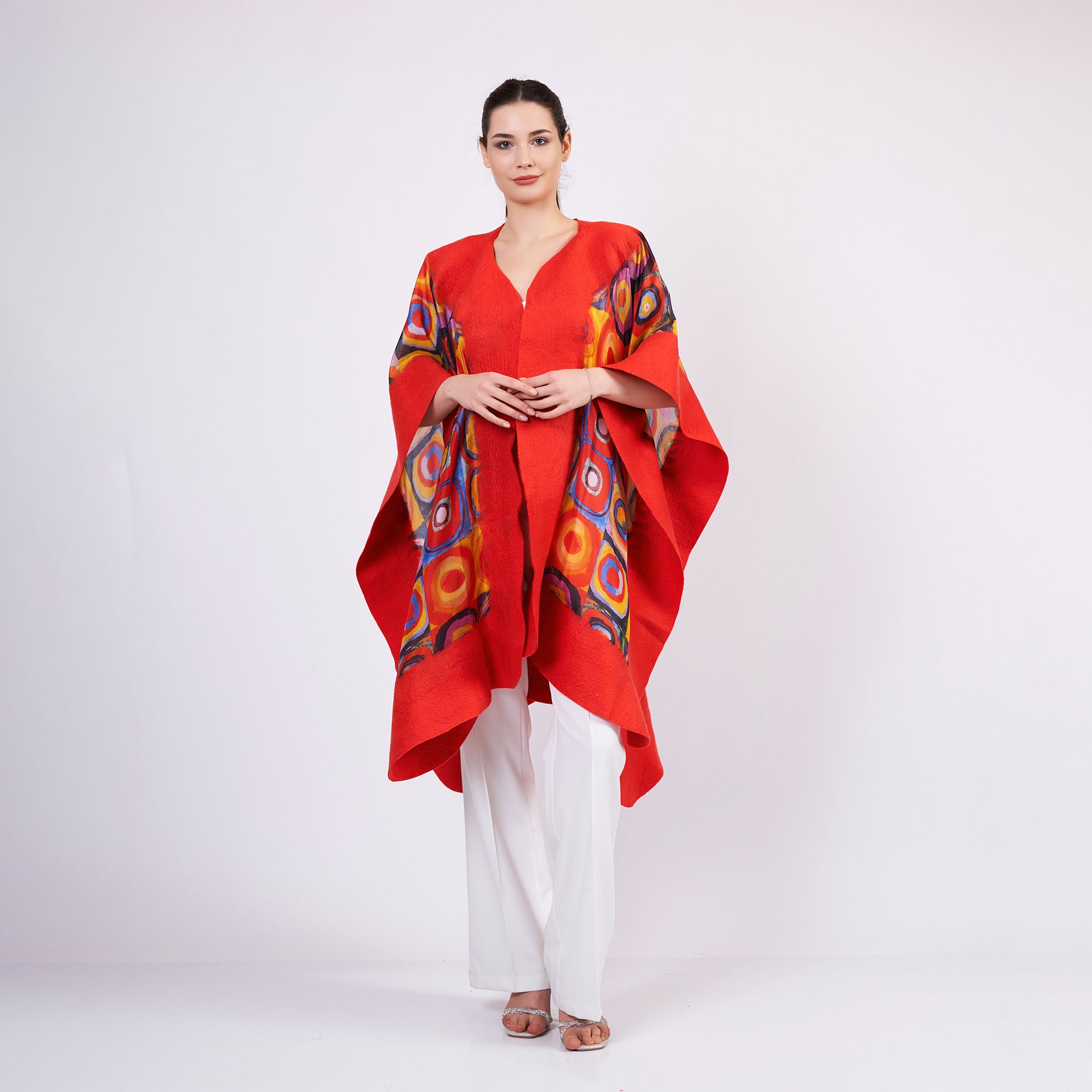 Silk Felted Women Poncho |  Red Kandinsky Squares with Circless | Plus Size Wool Poncho