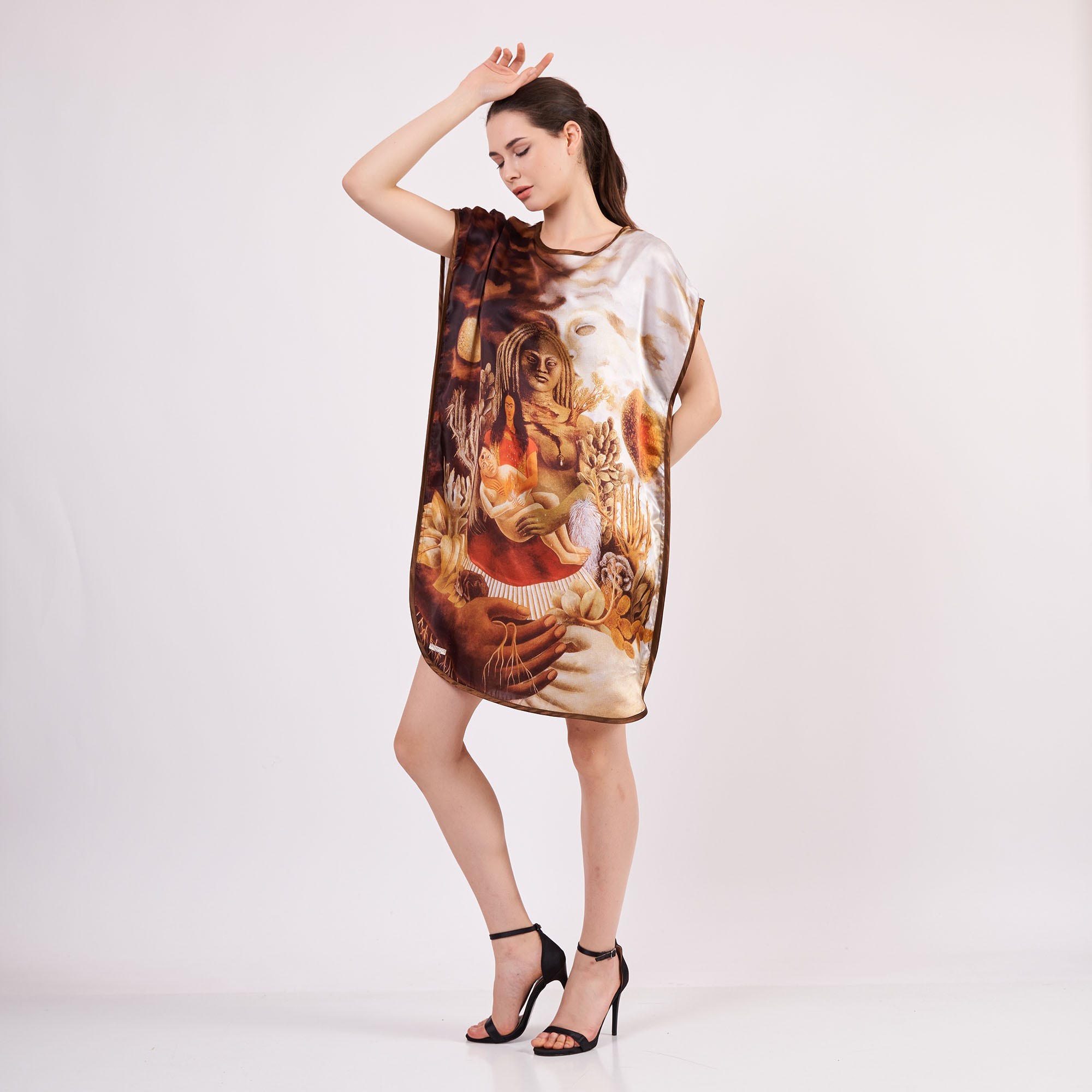Pure Silk Plus Size Short Dress For Women | Oversized Short Kaftan Frida Kahlo 4 | Loose Fitting Dress