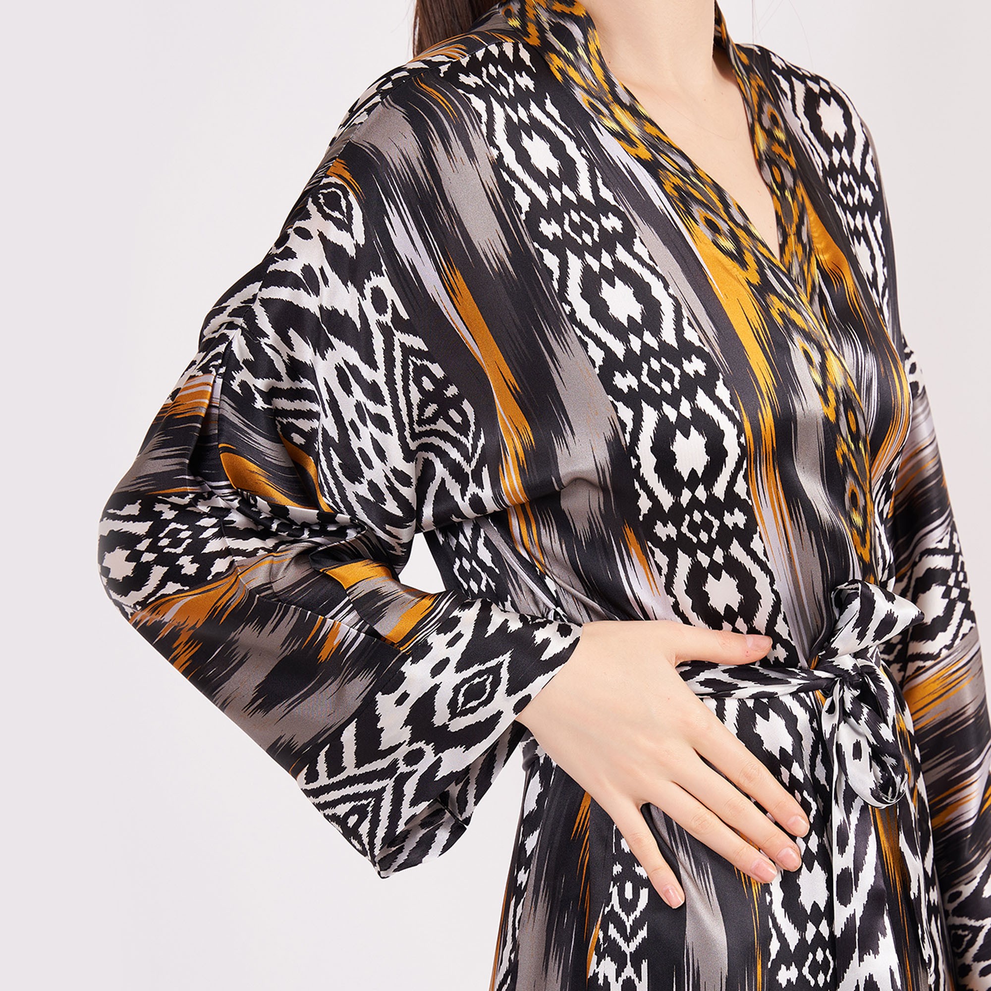 Silk Maxi Kimono Kaftan | Ikat Pattern 14 | Oversized Long Kimono Robe | Beachwear for Women | Plus Size Luxury Kaftan Pool Wear