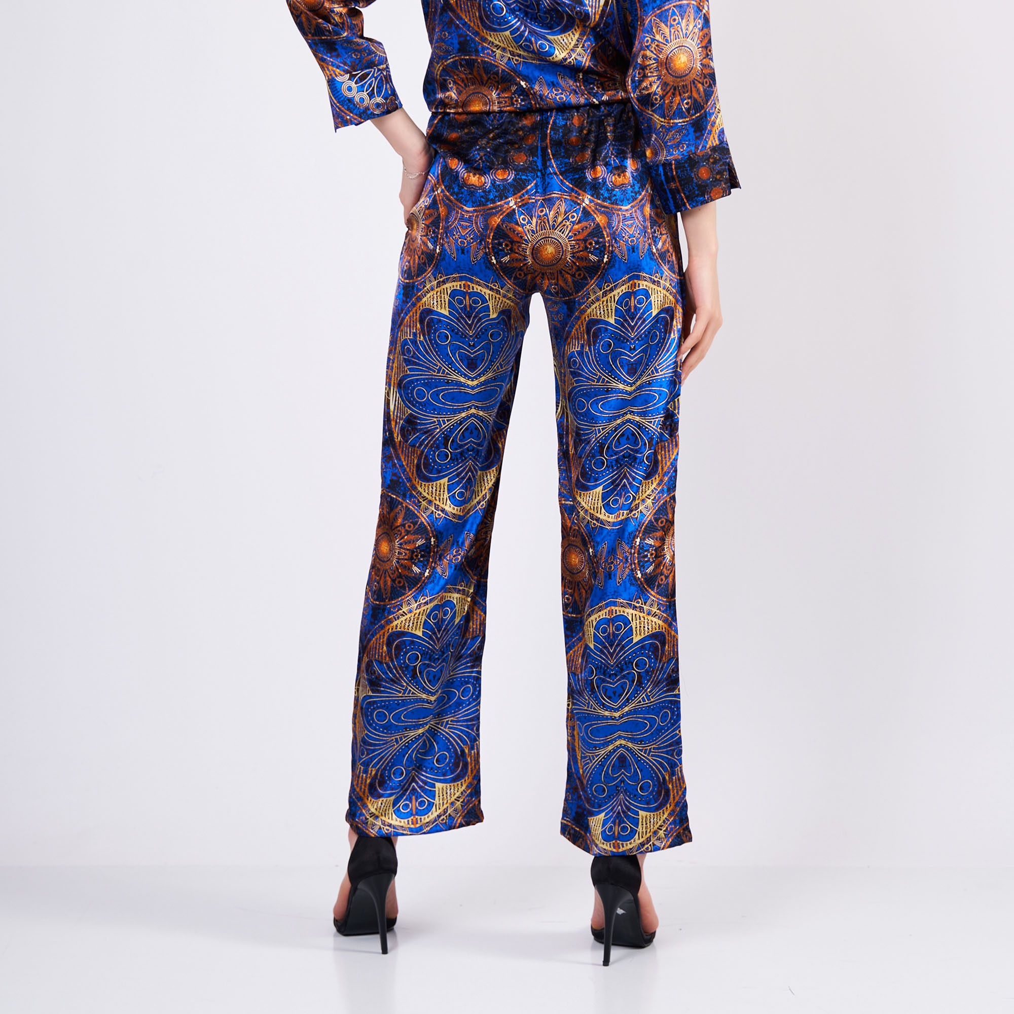 Silk Shirt Pants Set/Pajamas Set for Women Mandala Pattern | Sax Blue