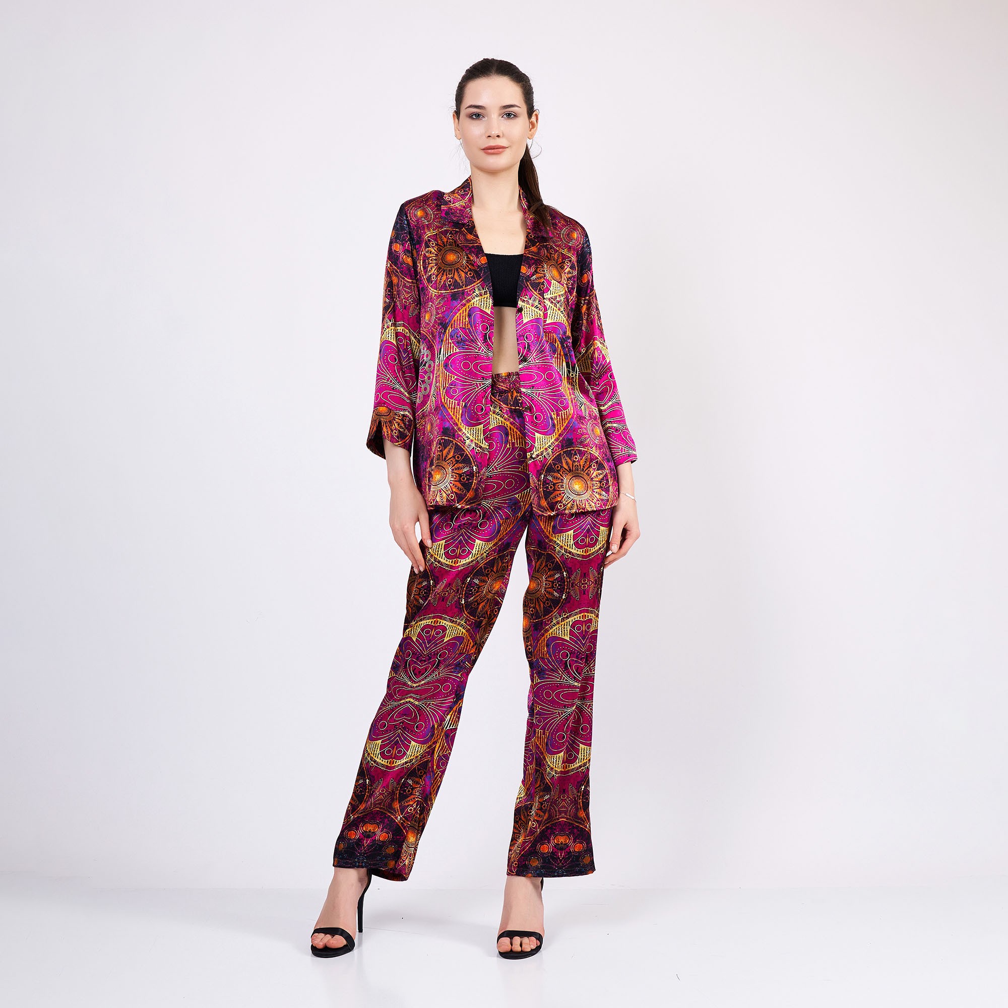Mulberry Silk Shirt Pants Set | Women Pajamas Set | Fuchsia Mandala Pattern Silk Nightwear