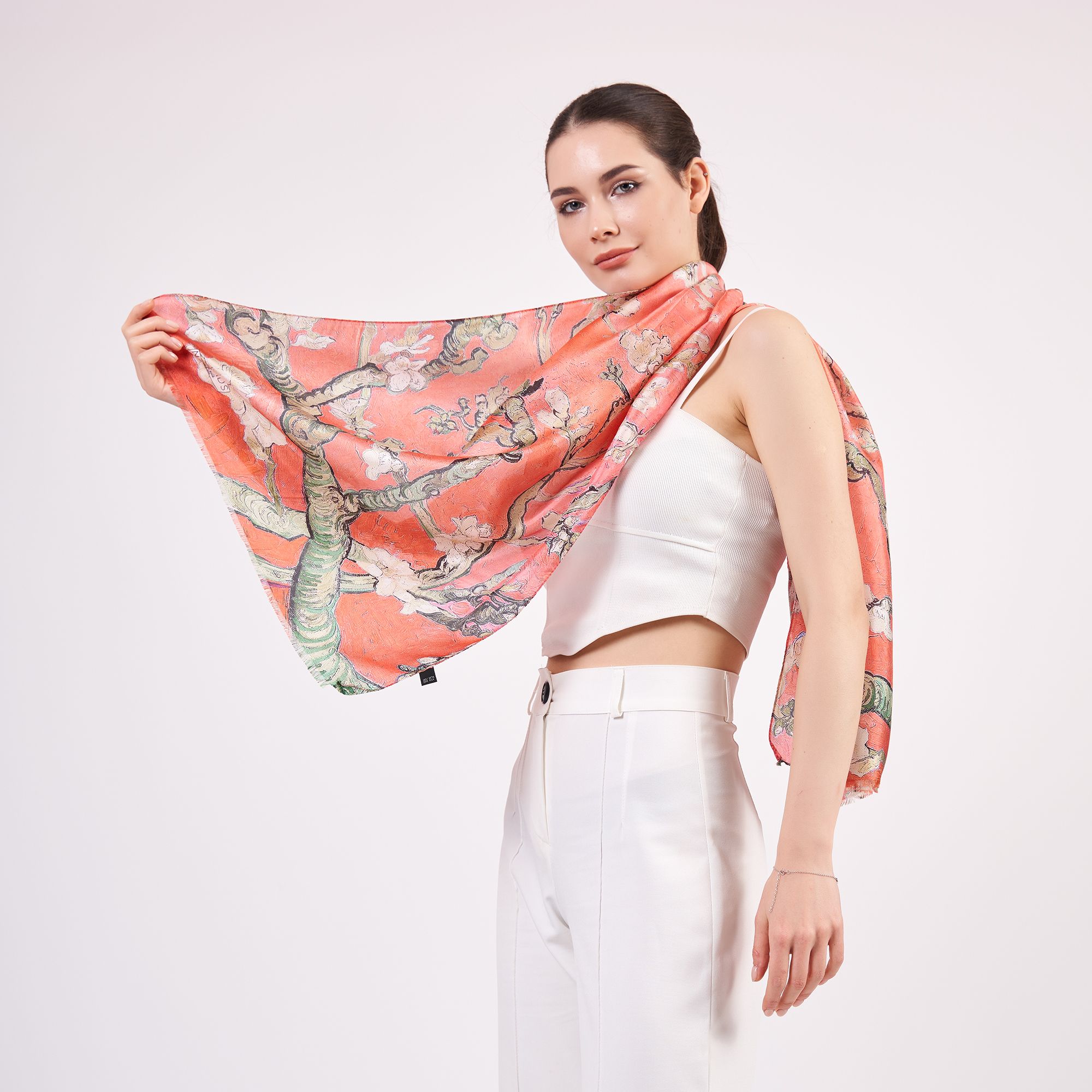 %100 Silk Scarf Wrap | Van Gogh Almond Blossoms Red | 6 Momme Mulberry Silk Headband, Bag Accessory