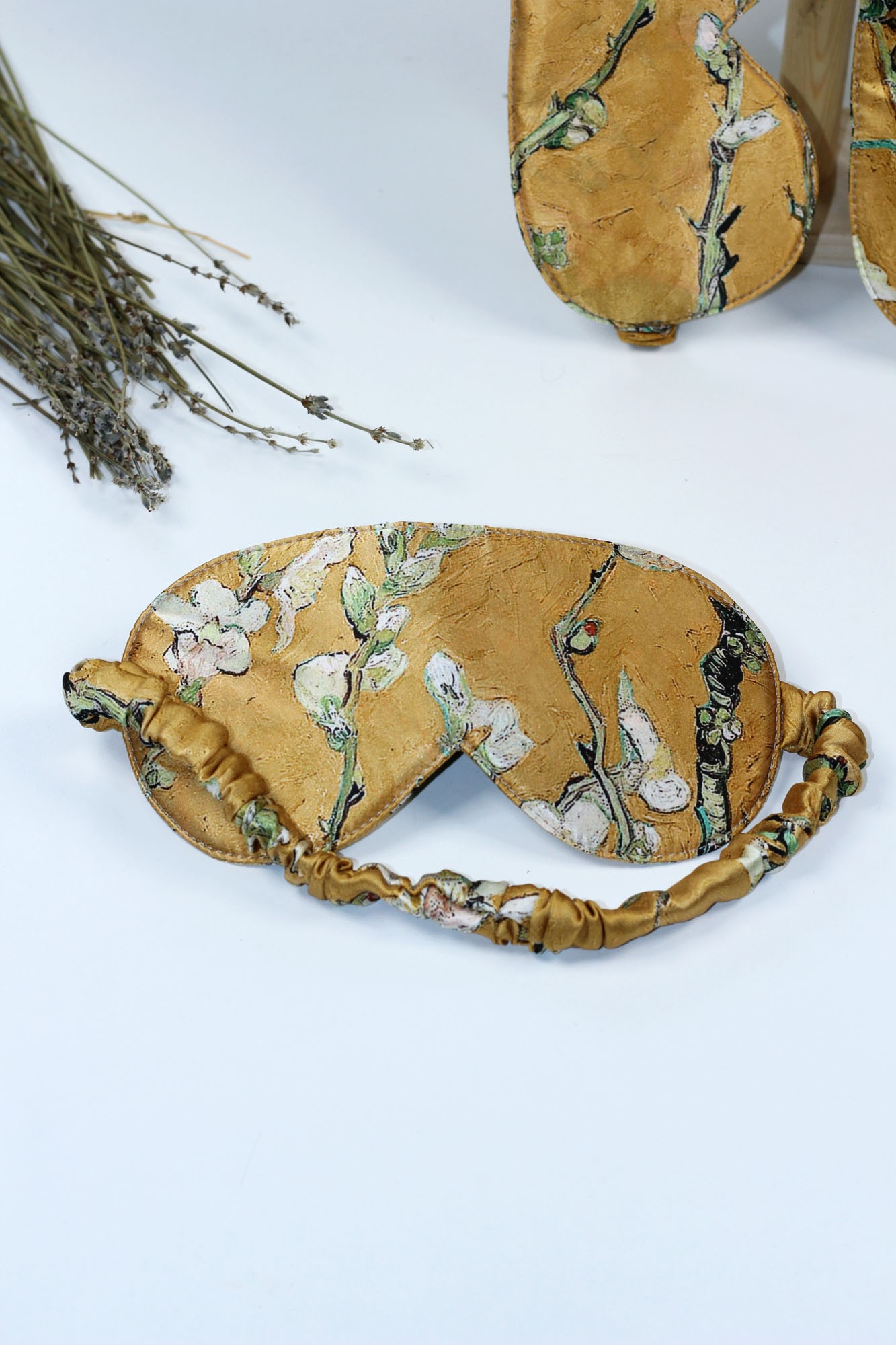 100% Silk Sleeping Mask Sleep Eye Patch | Gold | Van Gogh Almond Tree | Nomads Felt