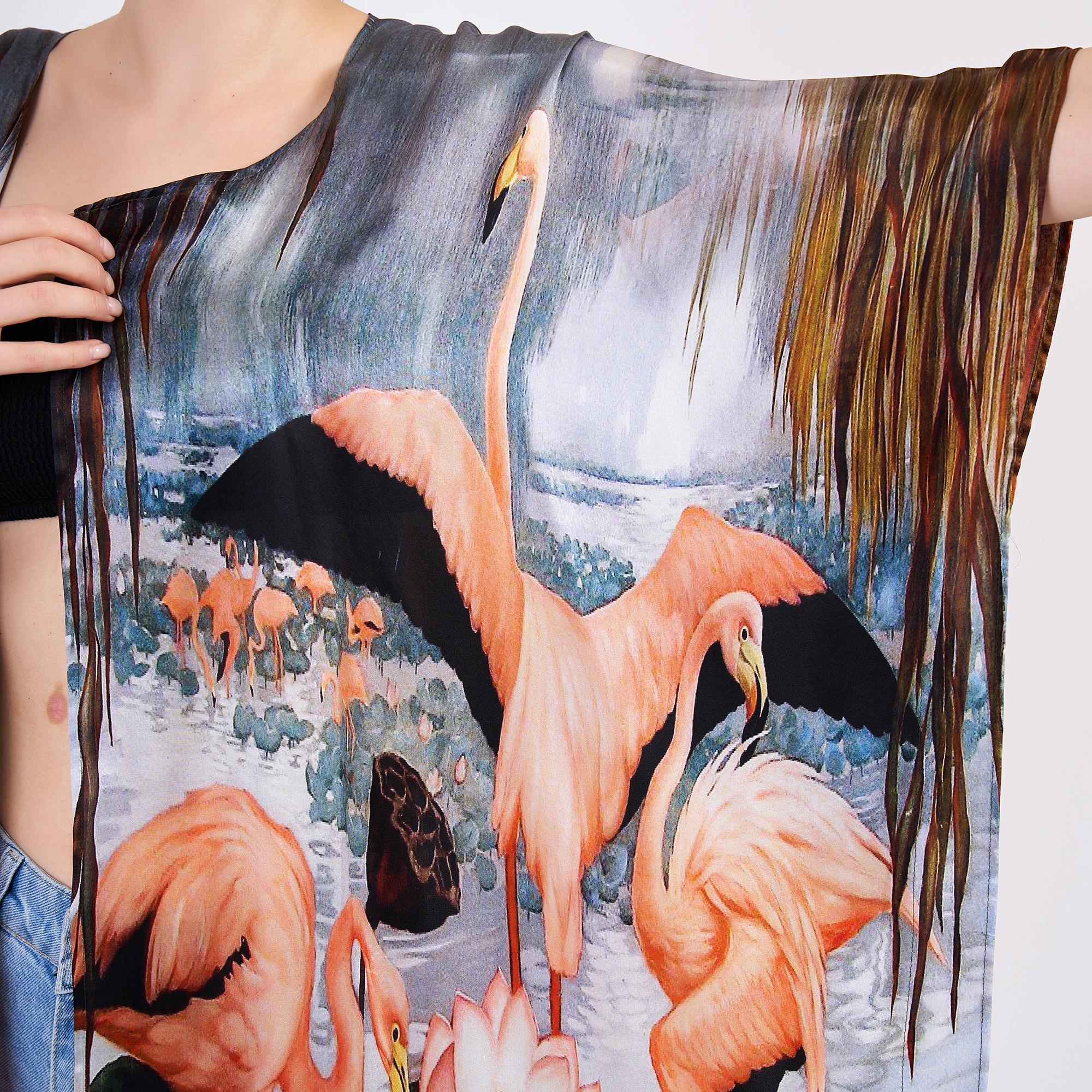 Pure Silk Short Kimono Kaftan | Flamingo Printed