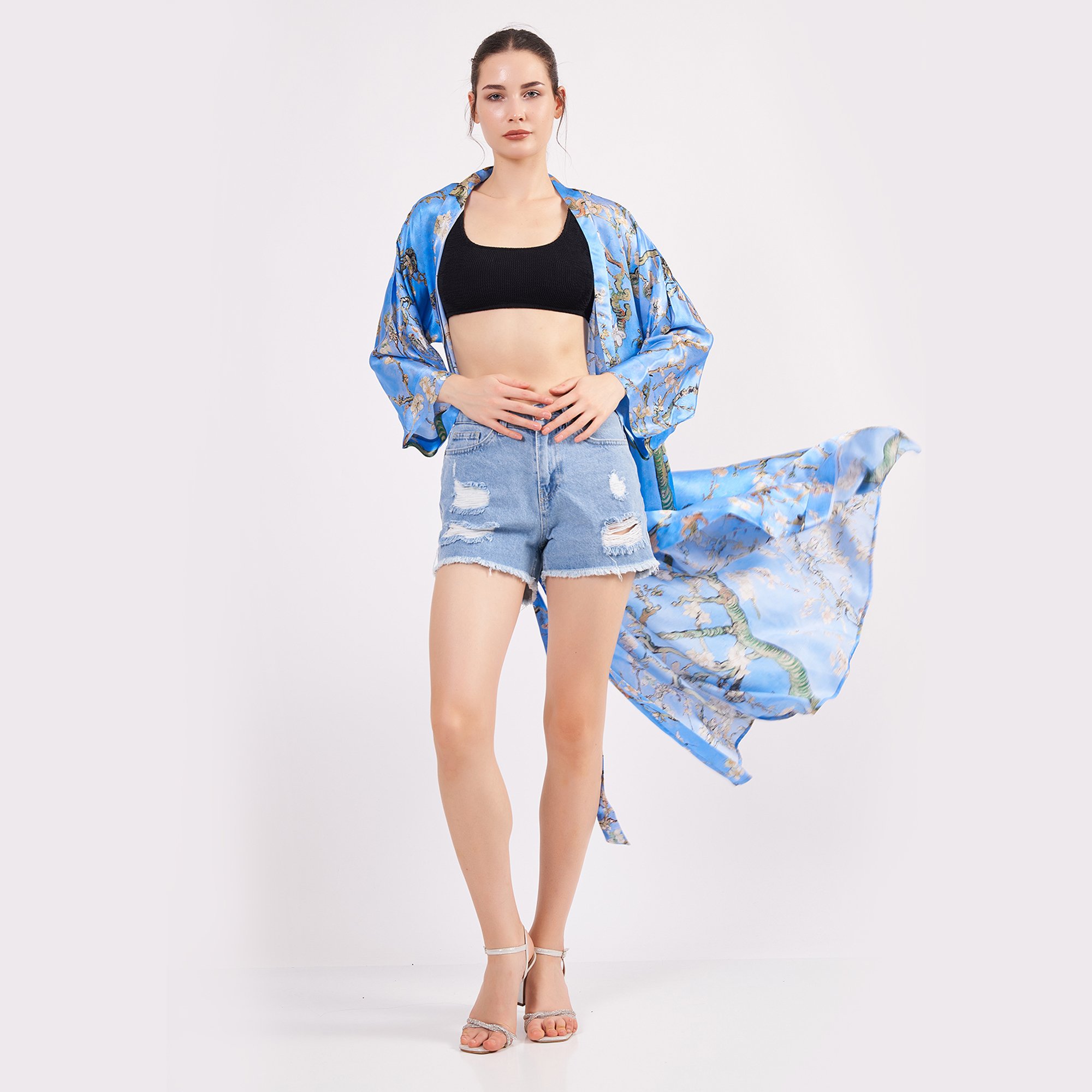 Pure Silk Maxi Kimono Kaftan | Blue Van Gogh Almond Blossoms | Oversized Long Kimono Robe | Beachwear for Women | Plus Size Luxury Kaftan