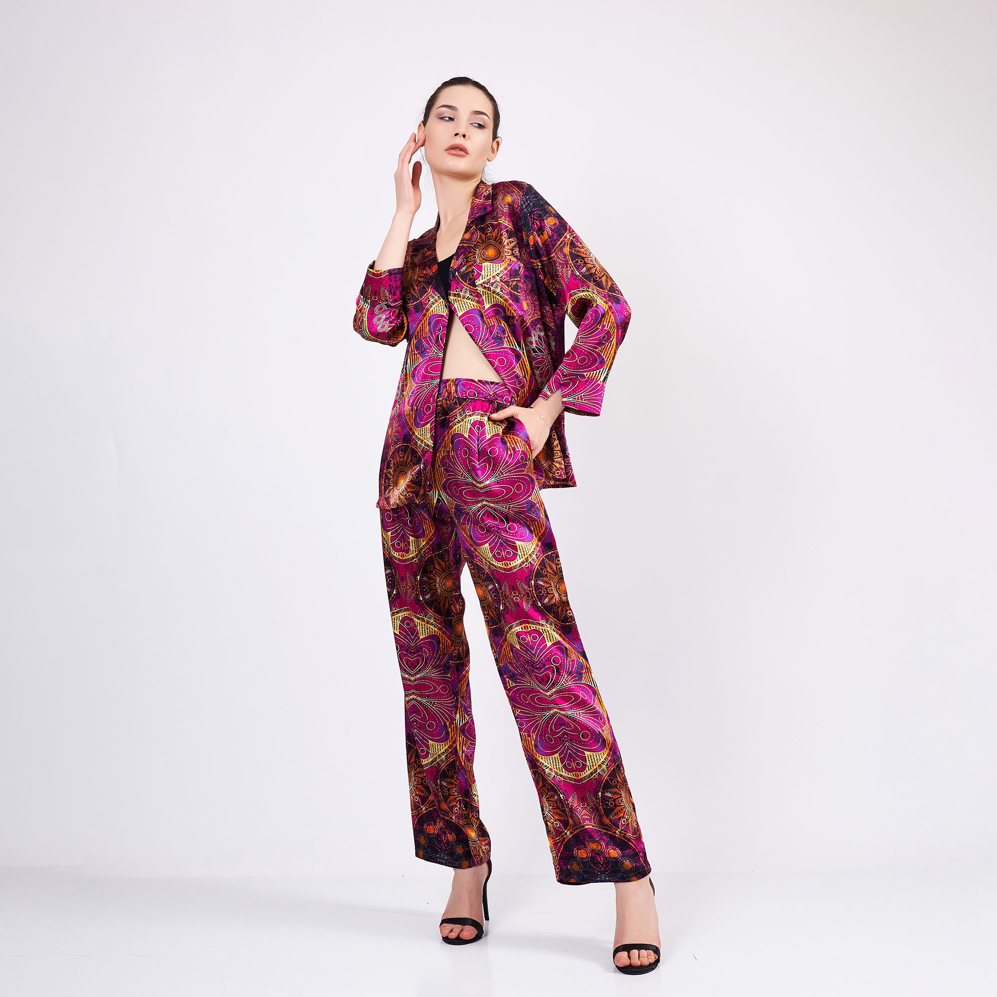 Mulberry Silk Shirt Pants Set | Women Pajamas Set | Fuchsia Mandala Pattern Silk Nightwear