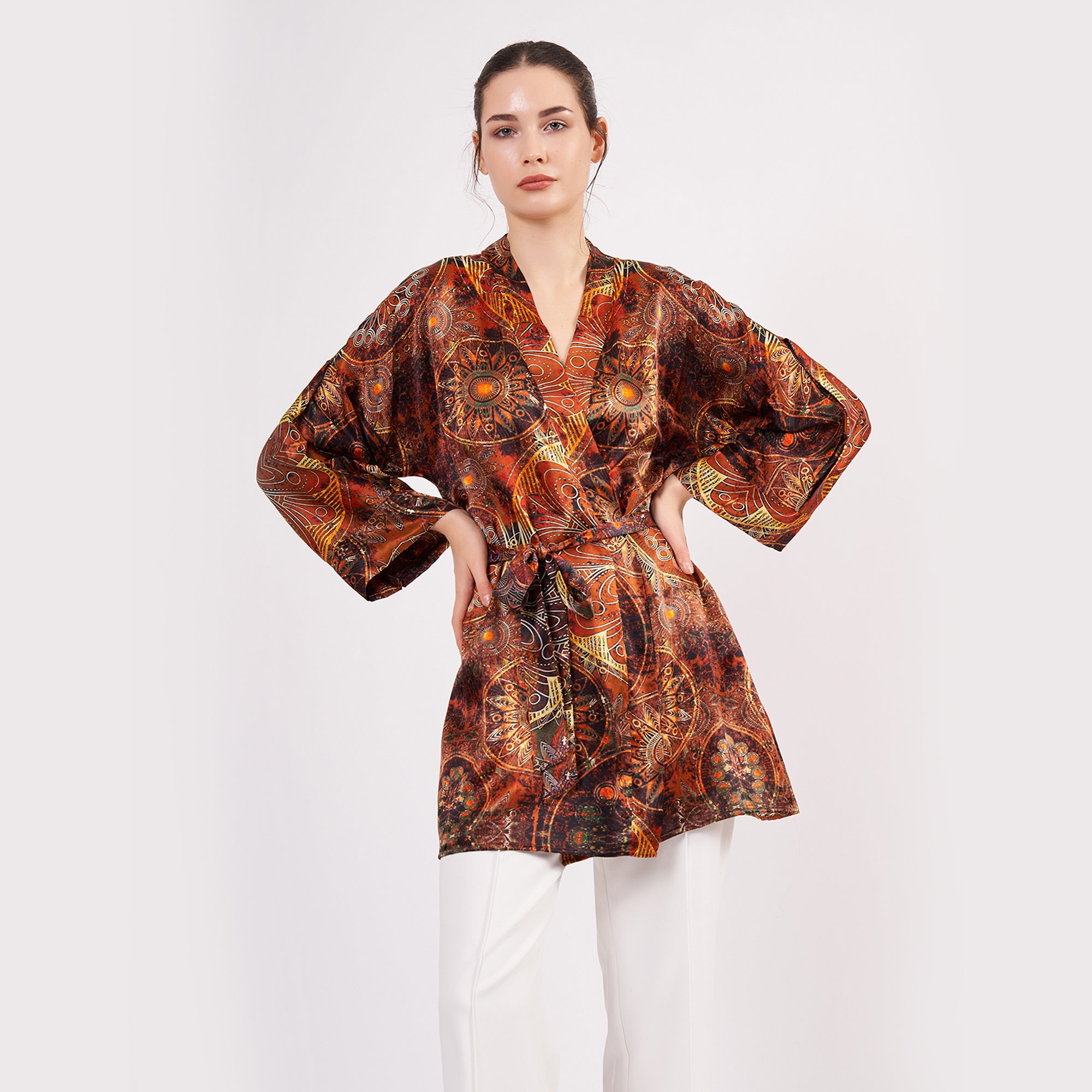 Saf İpek Kısa Kimono Kaftan | Mandala Desen 6 Kahverengi | Nomads Felt