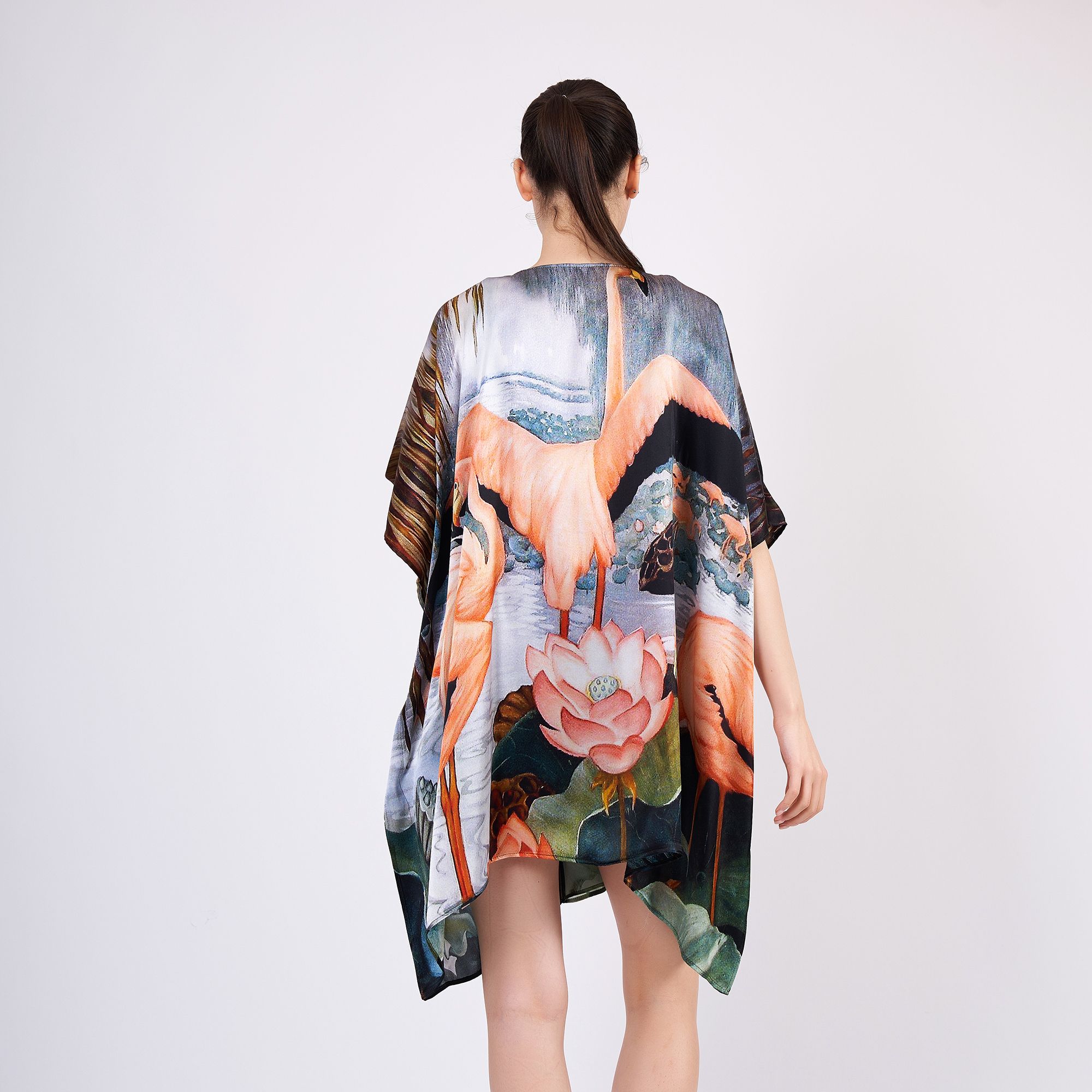 Pure Silk Short Kimono Kaftan | Flamingo Printed