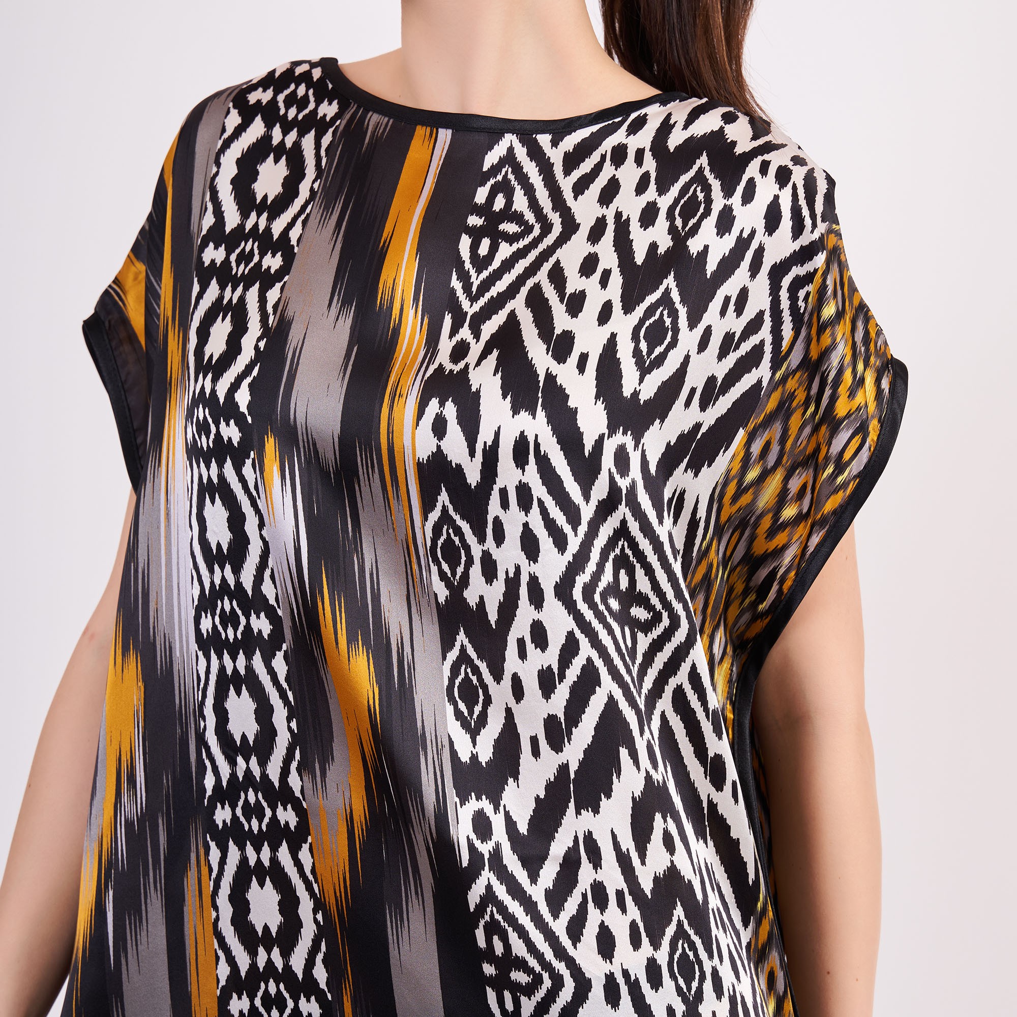Silk Plus Size Short Dress For Women | Oversized Short Kaftan Ikat Pattern 2 | Loose Fitting Dress