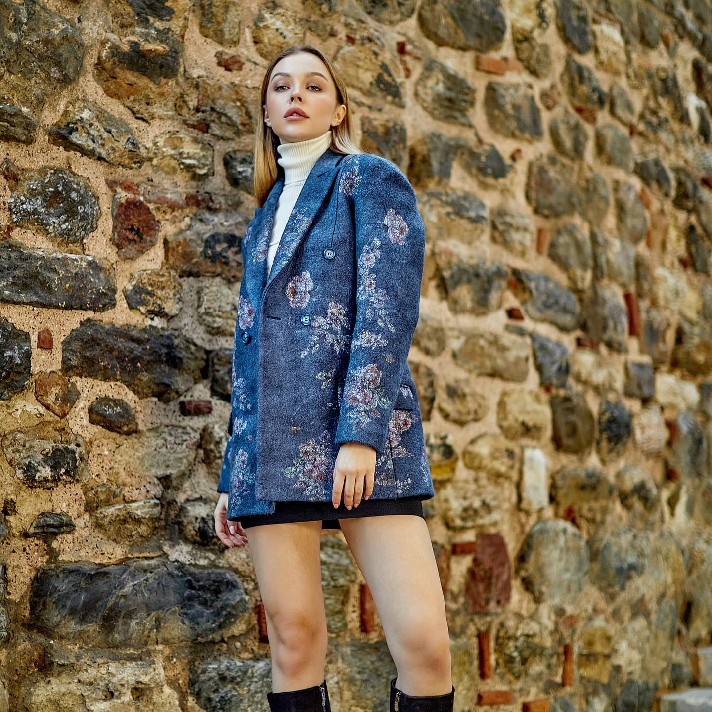 Natural Wool-Silk Haute Couture Jacket | Blue | Flower Pattern