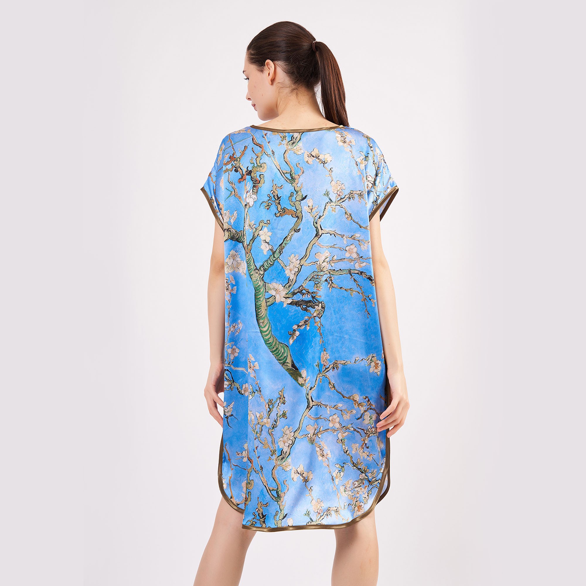 %100 İpek Kısa Elbise | Van Gogh Badem Çiçeği Desen Mavi | Nomads Felt