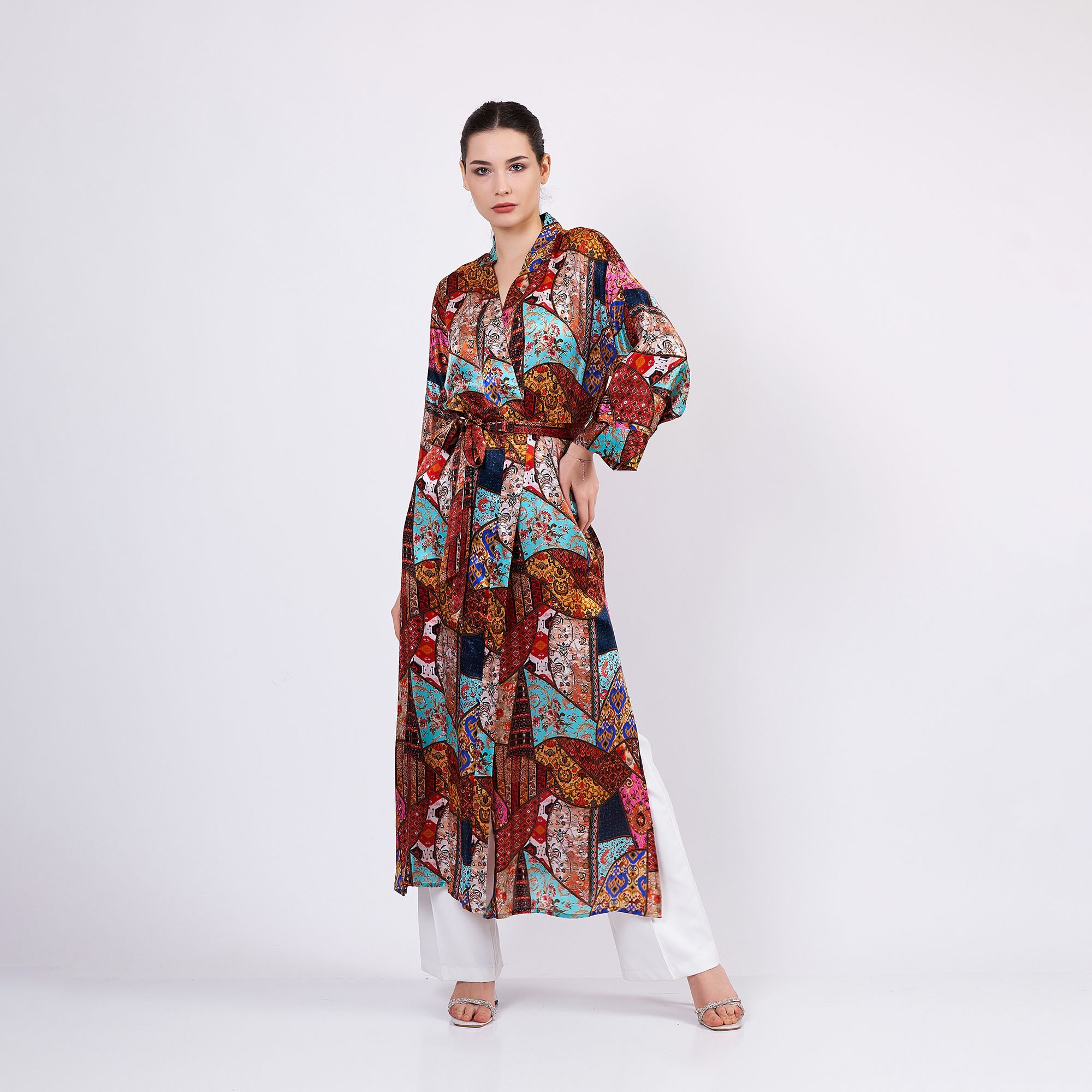 İpek Uzun Kimono Kaftan | Etnik Desen 1 | Nomads Felt