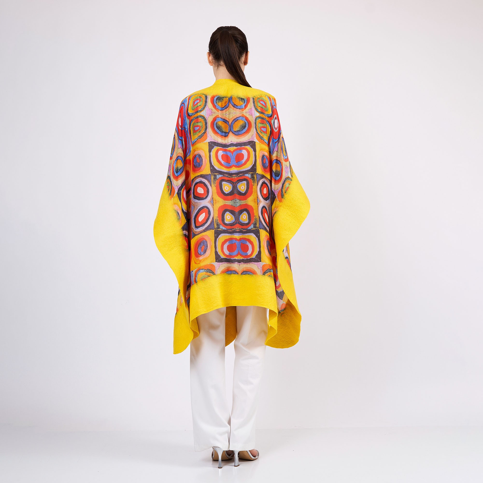 Handmade Silk Felted Women Poncho |  Yellow Kandinsky Squares with Circles