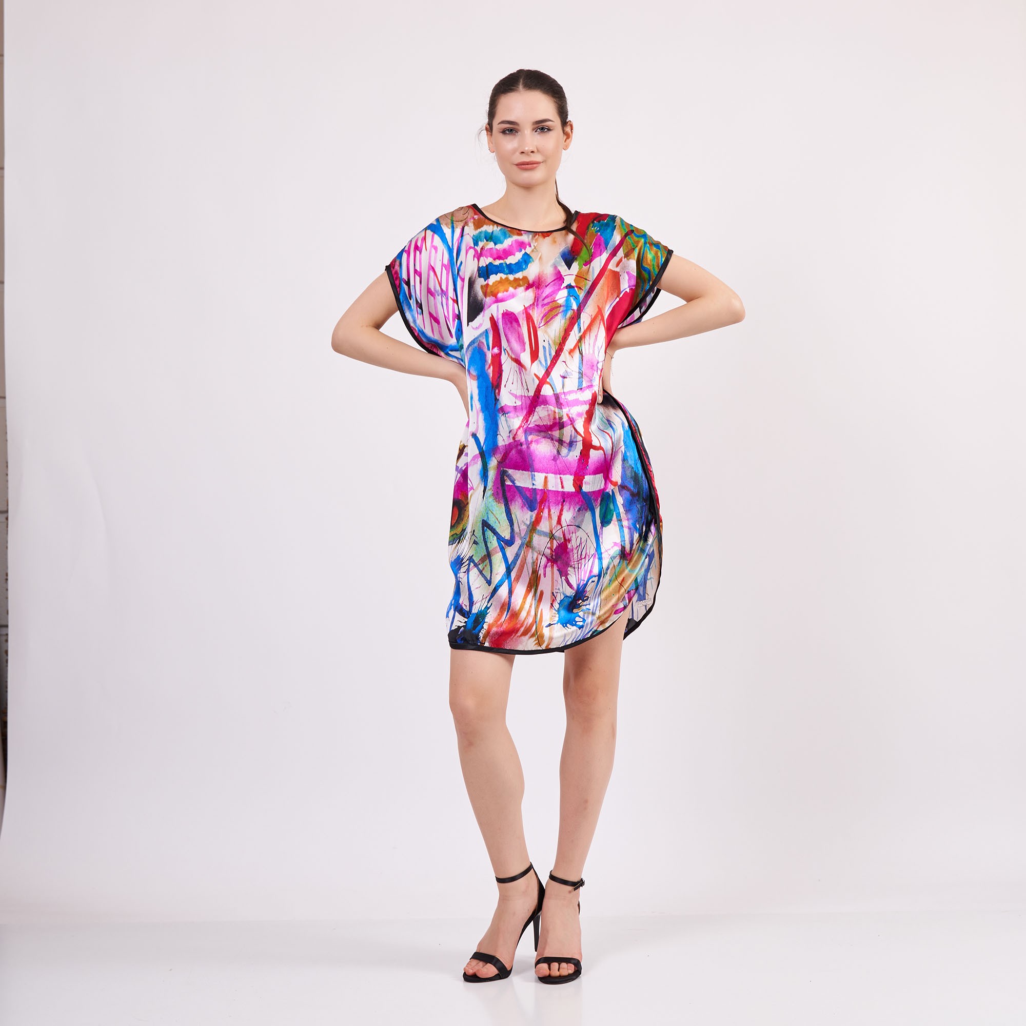 Pure Silk Plus Size Short Dress For Women | Oversized Short Kaftan Kandinsky Watercolor | Loose Fitting Dress