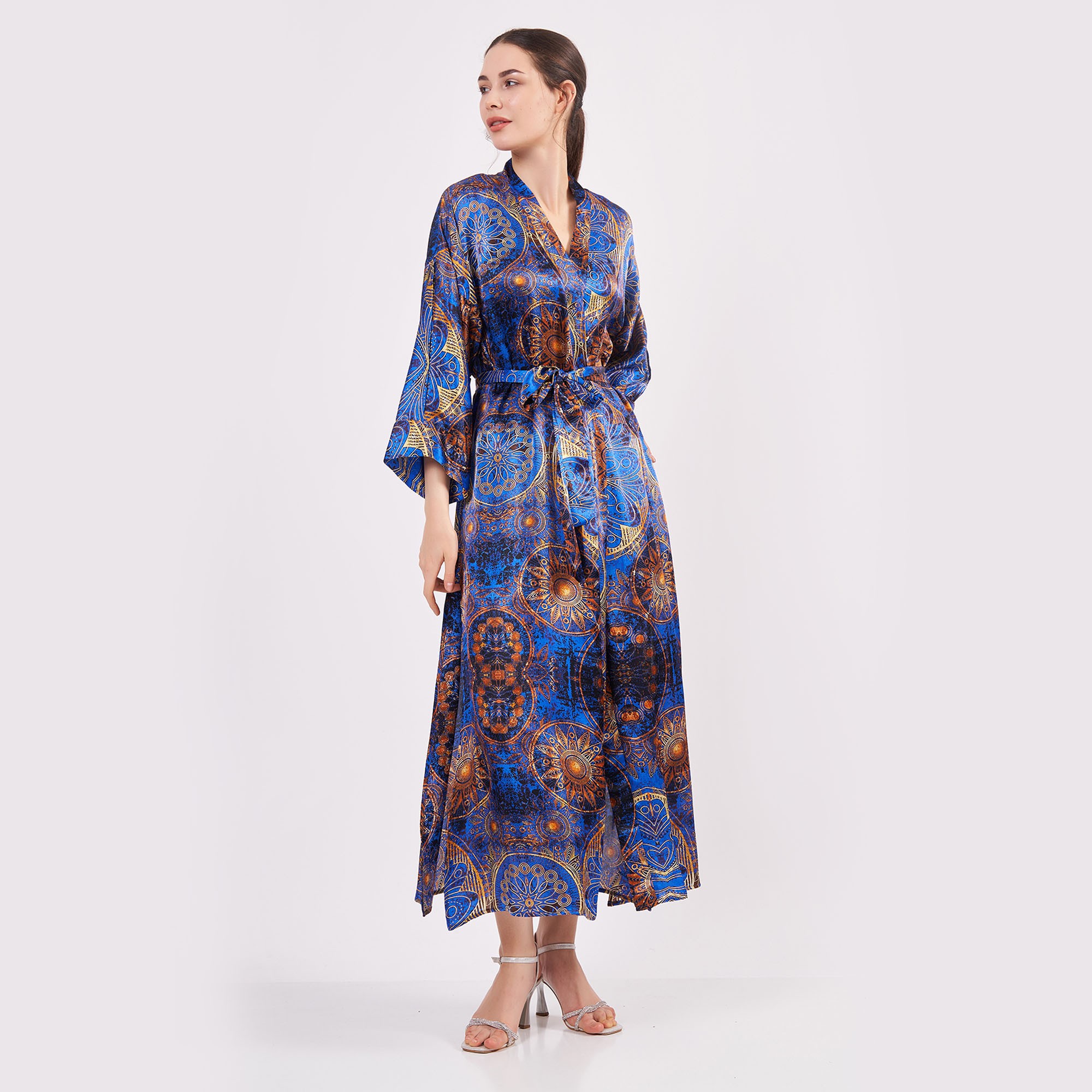 Saf İpek Uzun Kimono Kaftan | Mandala Desen 2 | Saks Mavi | Nomads Felt