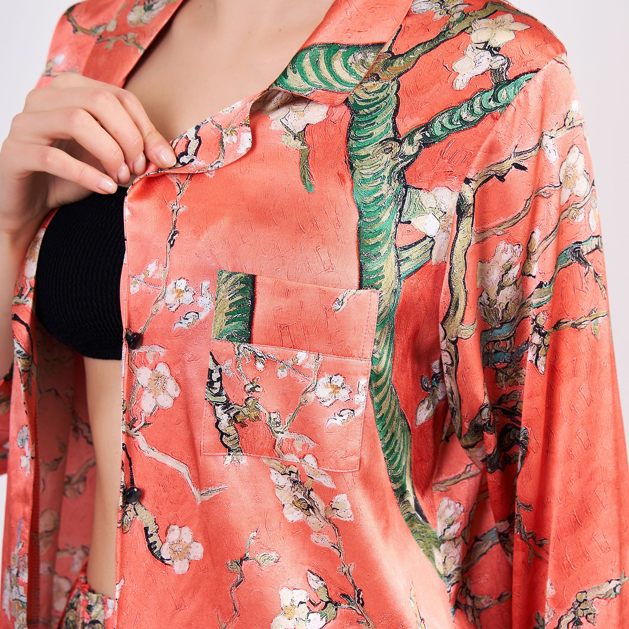 Pure Silk Shirt Pants Set/Pajamas Set for Women | Van Gogh Almond Blossoms Red