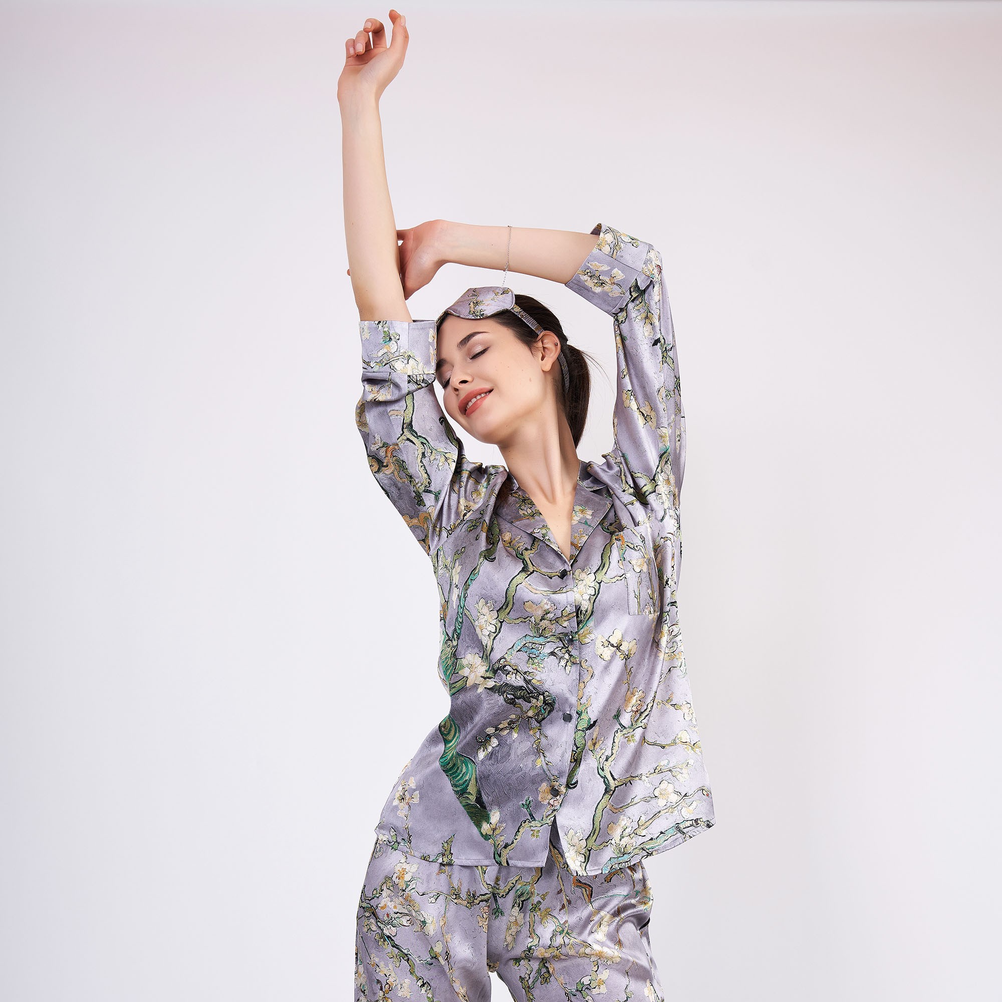 Pure Silk Shirt Pants Set/Pajamas Set for Women | Van Gogh Almond Blossoms Gray