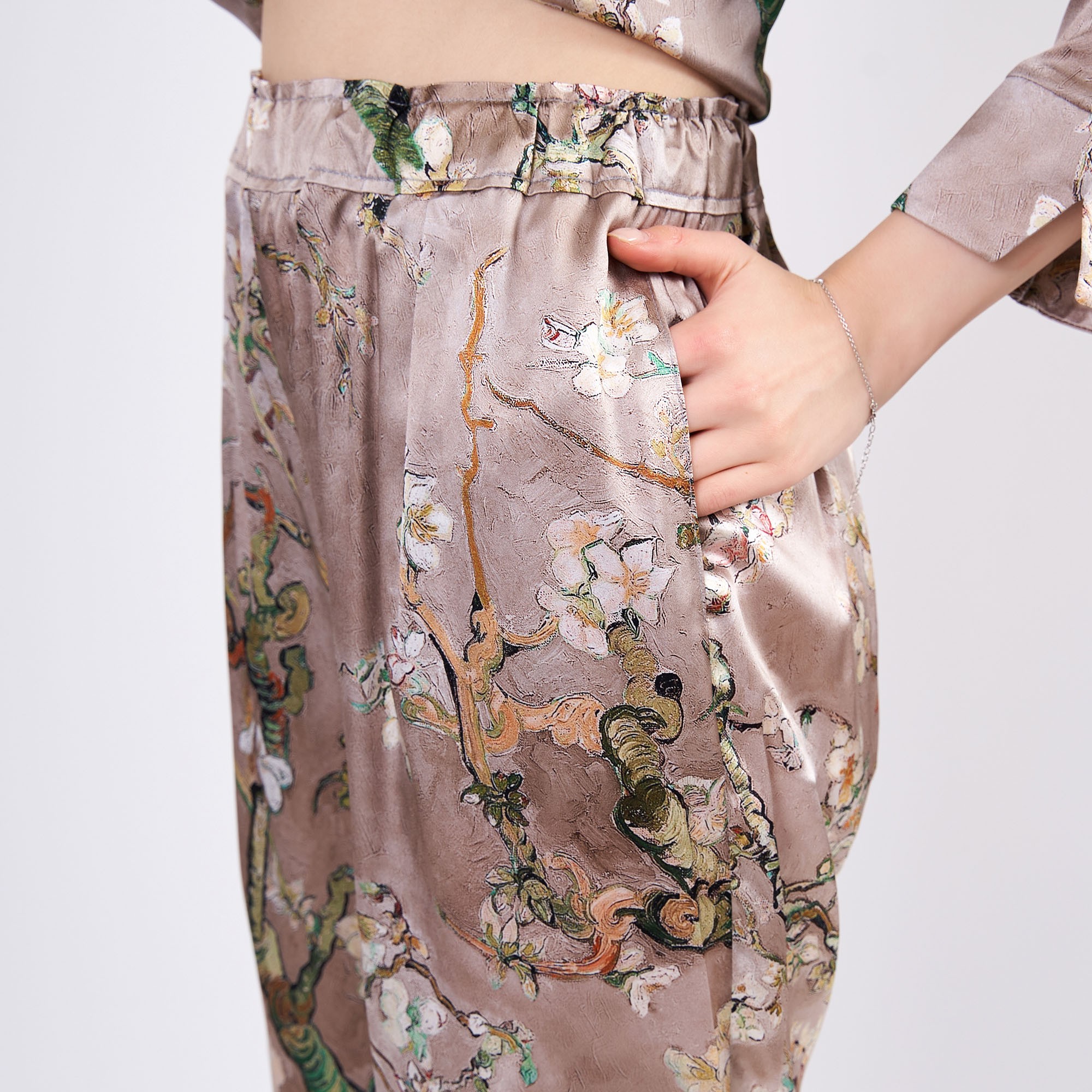 Silk Shirt Pants Set/Pajamas Set for Women | Van Gogh Almond Blossoms Beige