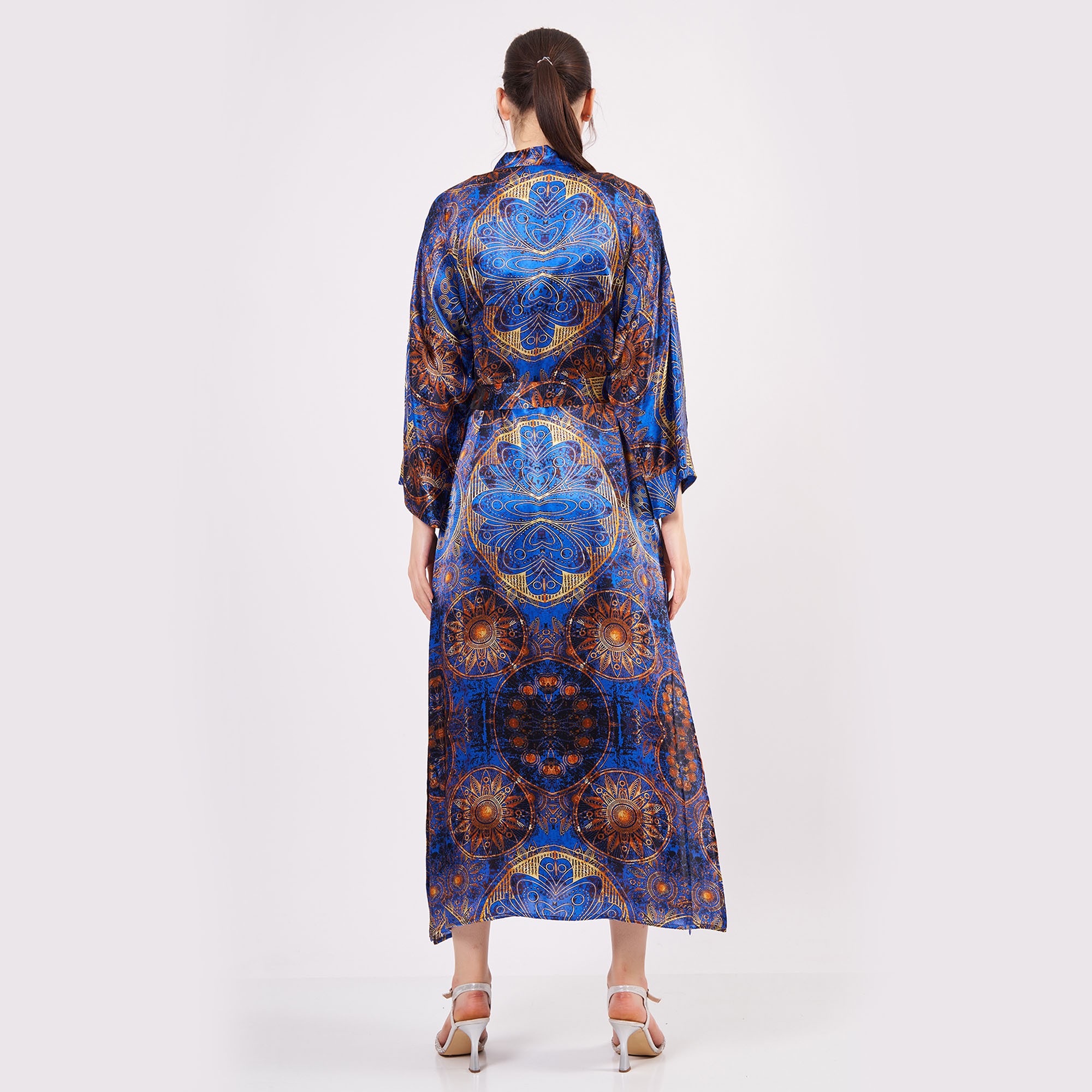 Silk Maxi Kimono Kaftan | Sax Blue Mandala 2 | Oversized Long Kimono Robe | Beachwear for Women | Plus Size Luxury Kaftan Pool Wear