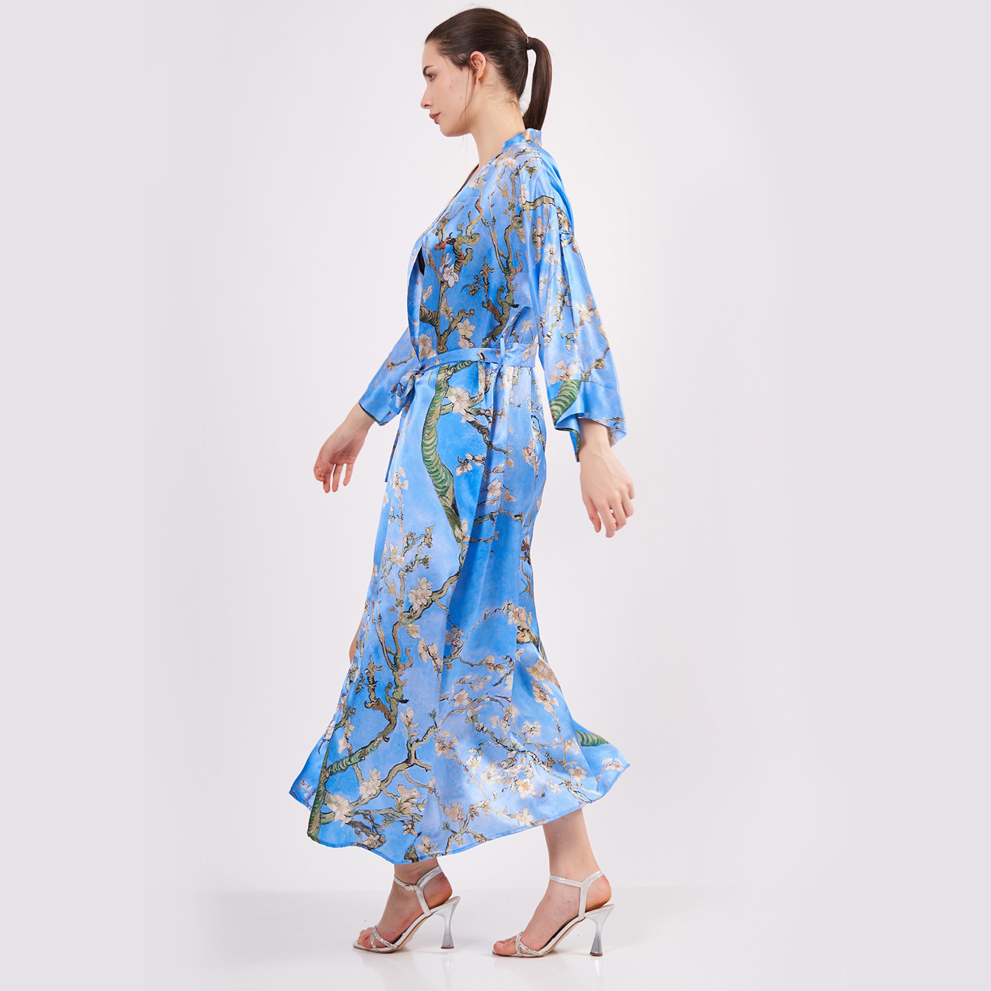 Pure Silk Maxi Kimono Kaftan | Blue Van Gogh Almond Blossoms | Oversized Long Kimono Robe | Beachwear for Women | Plus Size Luxury Kaftan
