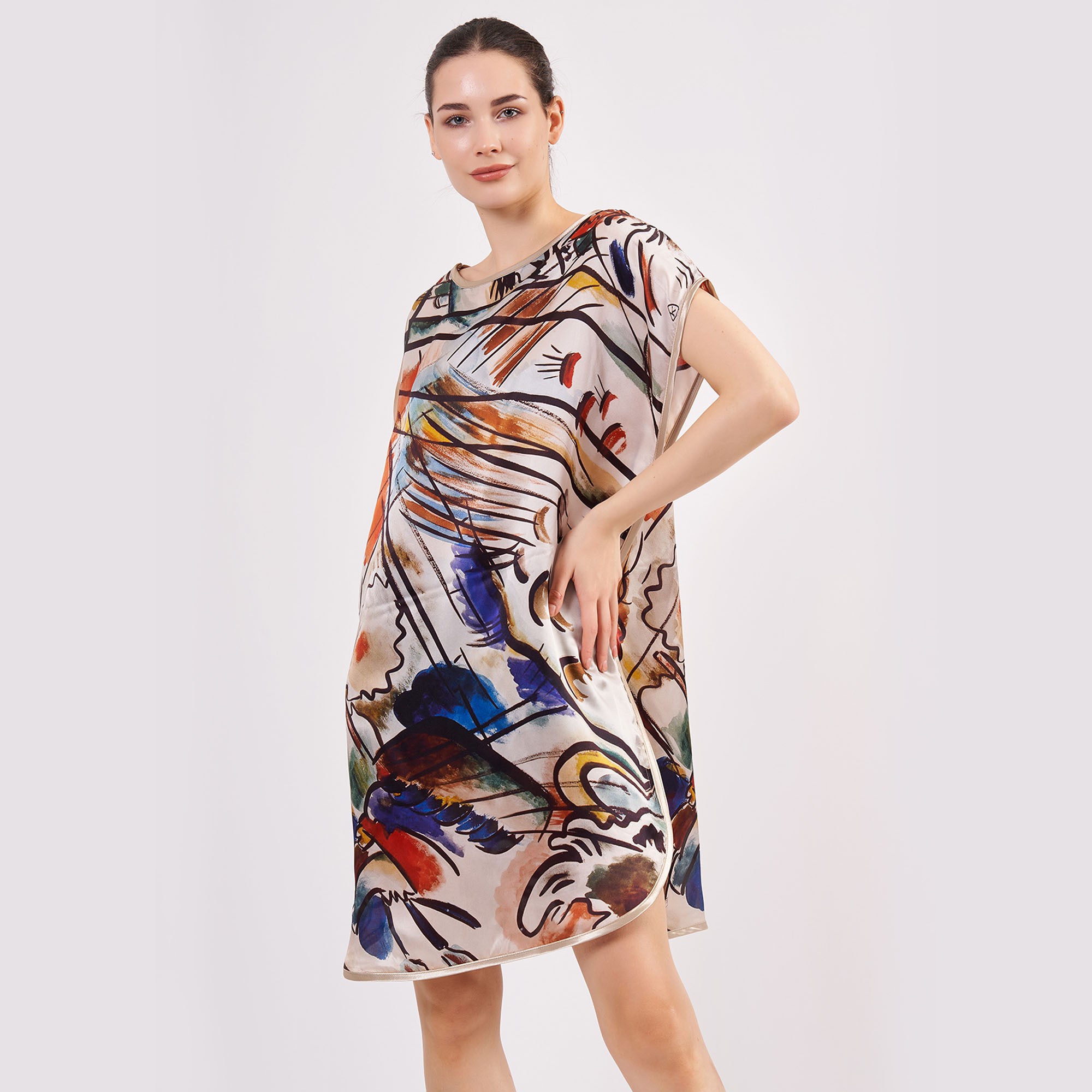 %100 Silk Plus Size Short Dress For Women | Oversized Kandinsky Color Blend Print Short Kaftan | Loose Fitting Dress