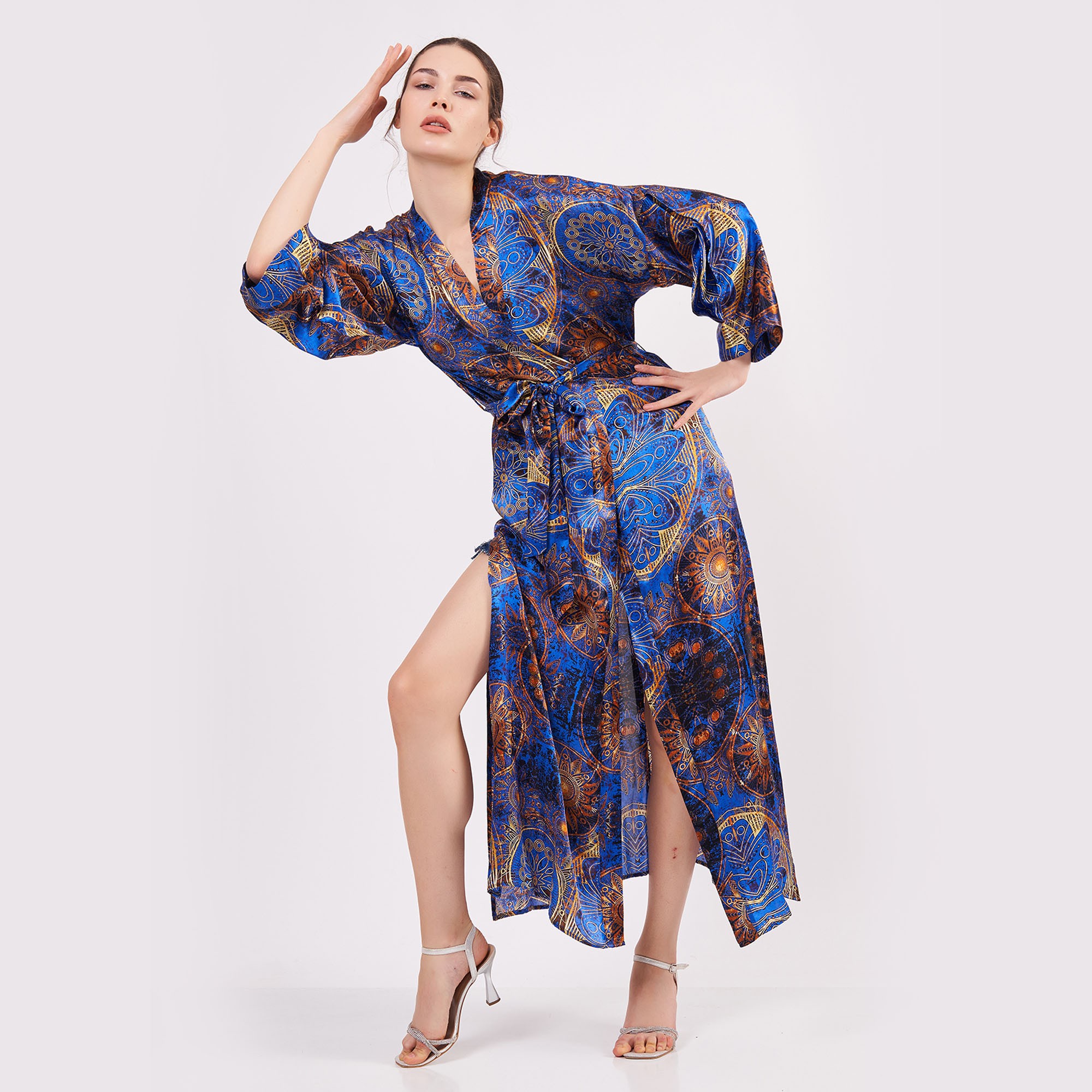 Silk Maxi Kimono Kaftan | Sax Blue Mandala 2 | Oversized Long Kimono Robe | Beachwear for Women | Plus Size Luxury Kaftan Pool Wear