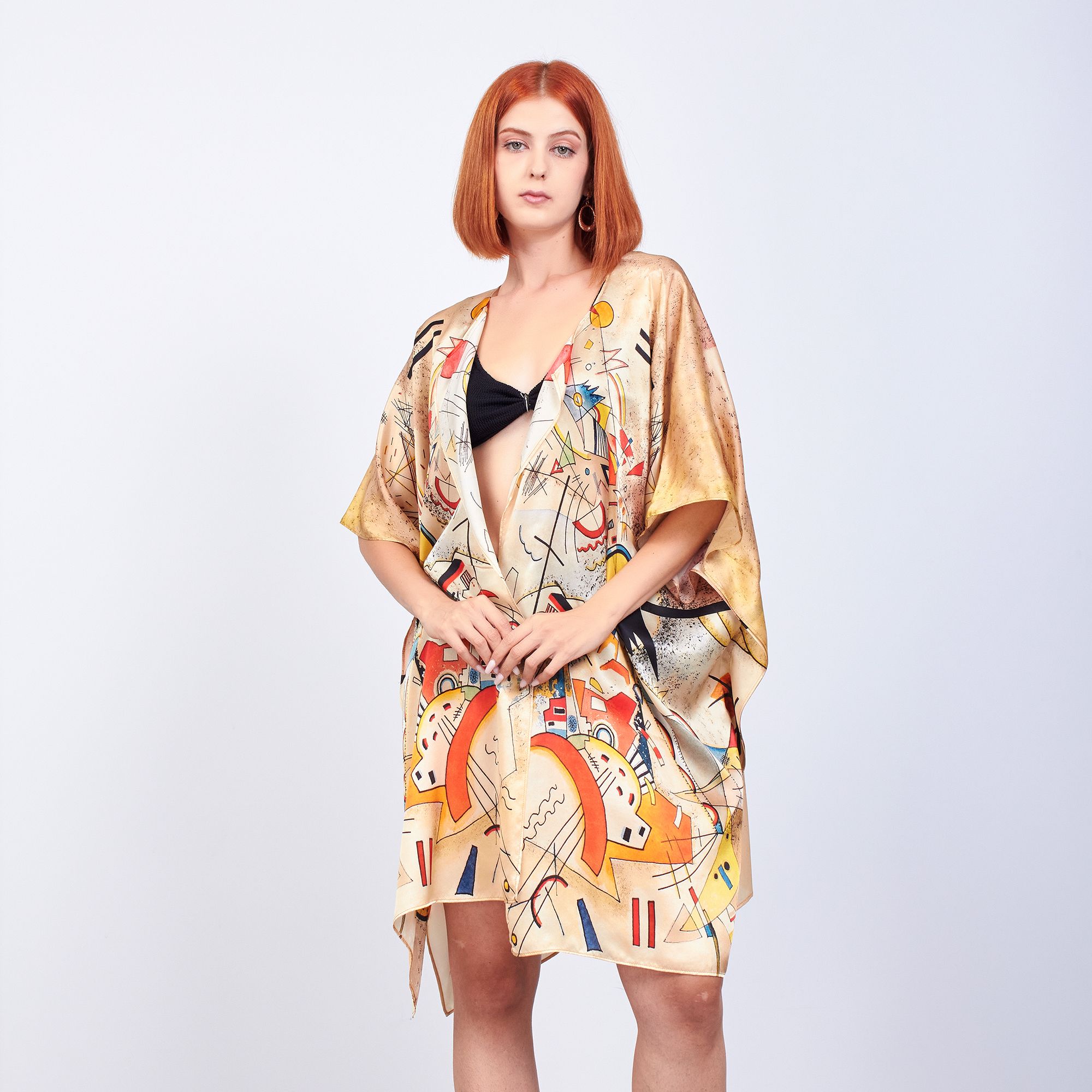%100 Silk Short Kimono Pareo | Kandinsky Bustling Aquarelle | Nomads Felt
