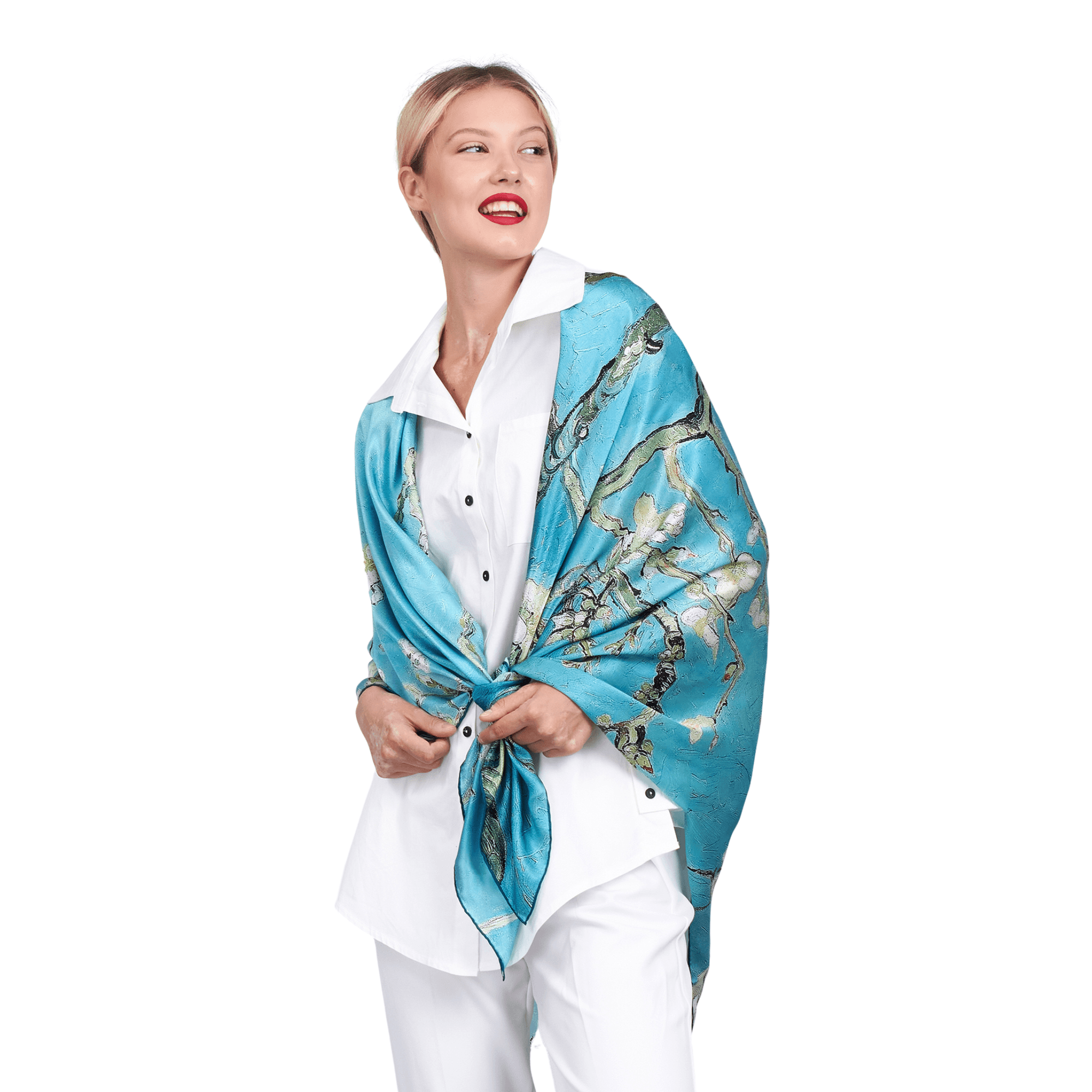 %100 Silk Shawl | 140 cm | Turquoise | Van Gogh Almond Blossoms