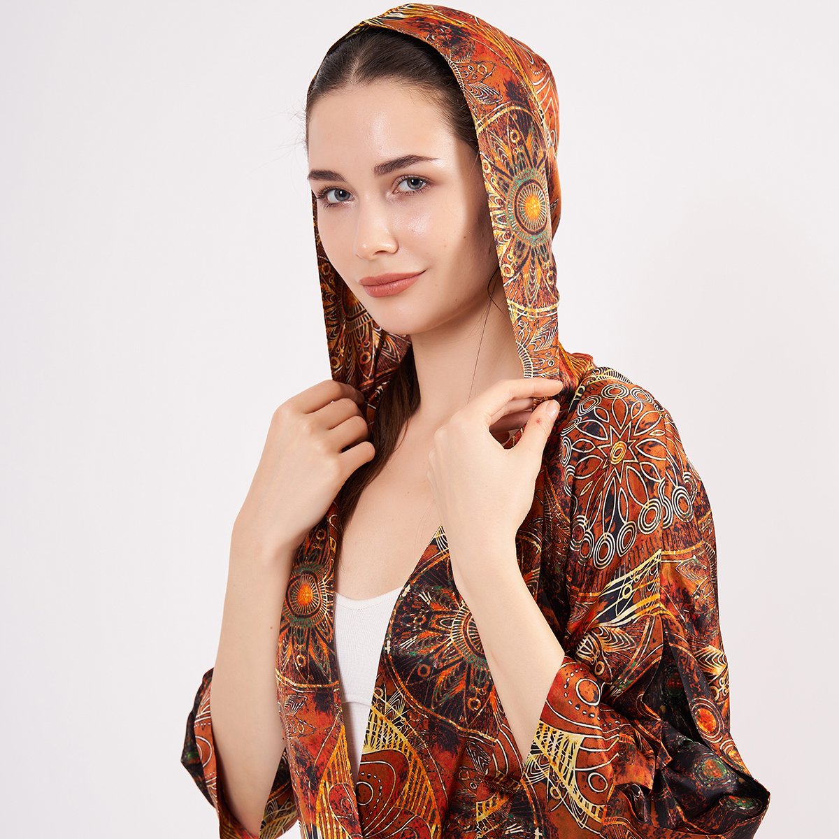 İpek Kapüşonlu Kimono Kaftan | Mandala Desen Kahverengi | Nomads Felt