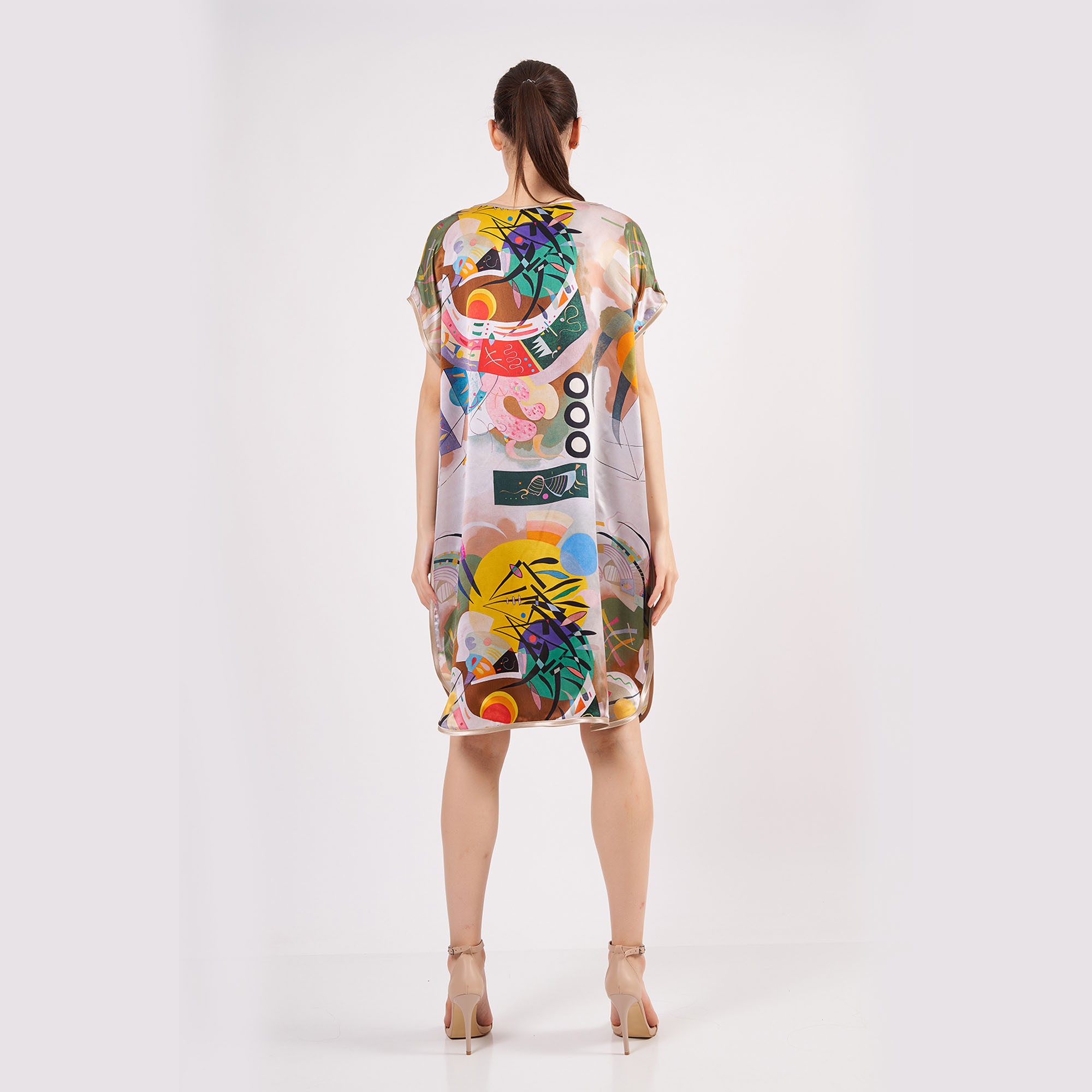 Silk Plus Size Short Dress For Women | Oversized Short Kaftan Kandinsky Dominant Curve | Loose Fitting Dress