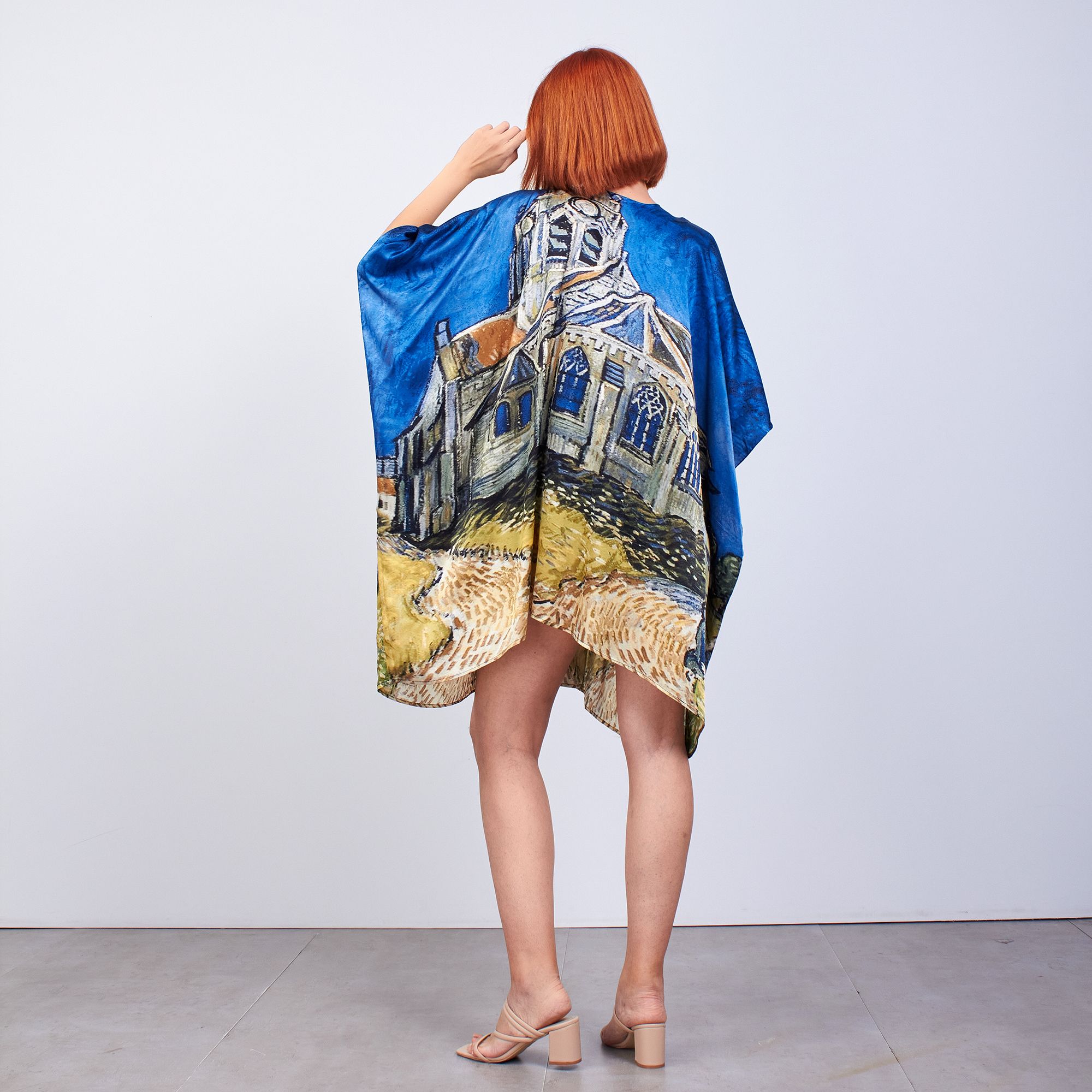 ألبسة كيمونو حريري ١٠٠٪؜ قصير "وشاح للشاطئ" | Van Gogh Church at Auvers