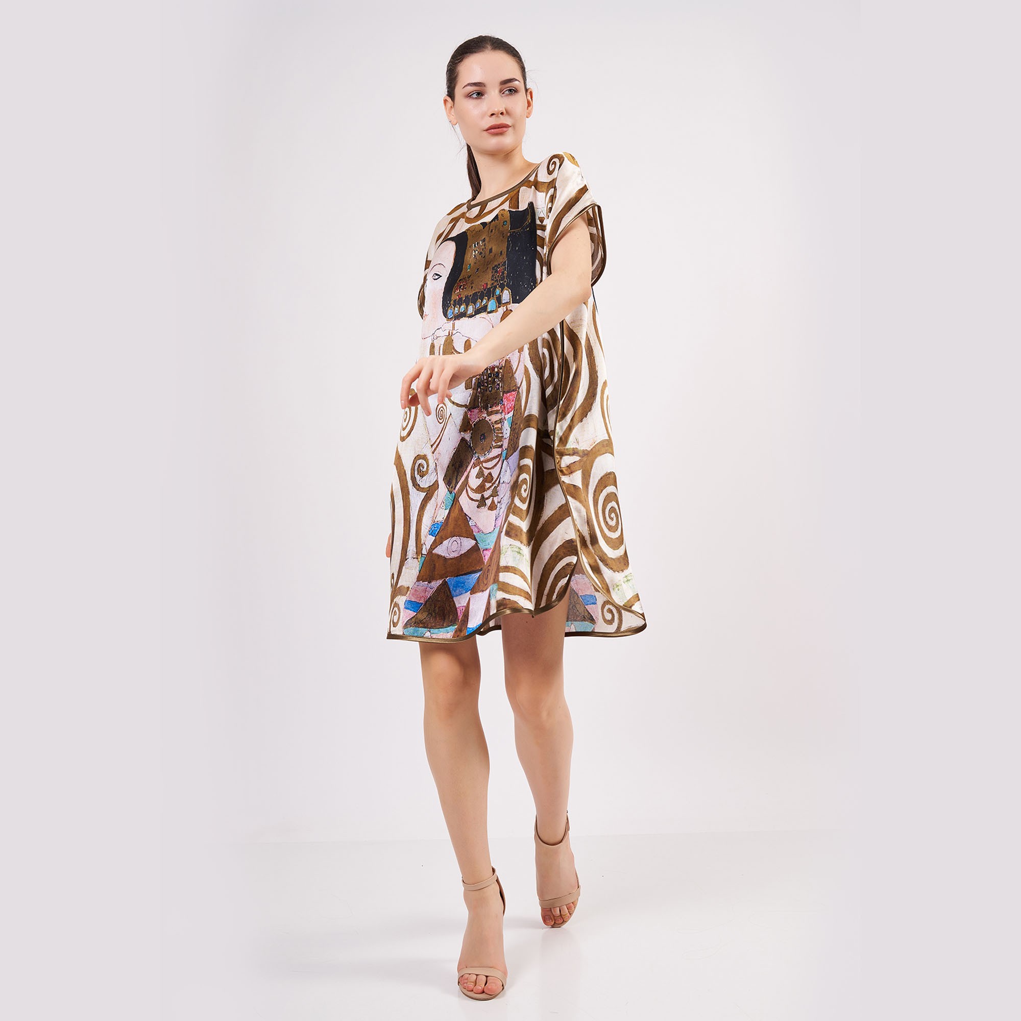 %100 İpek Kısa Elbise | Gustav Klimt Expectation | Nomads Felt