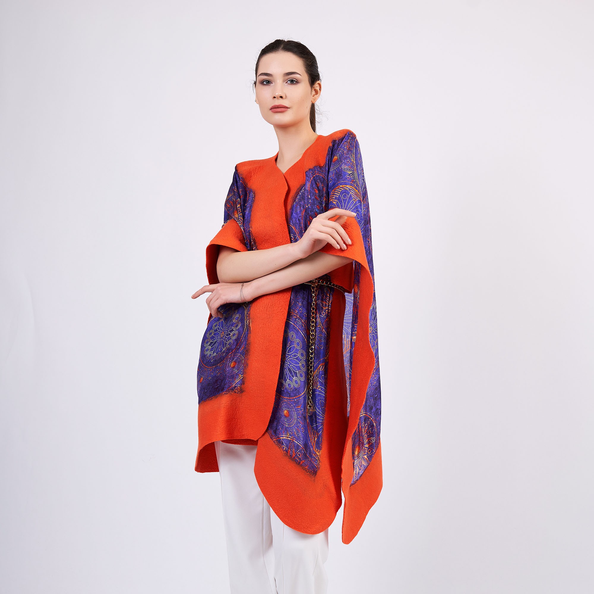 Handmade Silk Felted Women Poncho | Mandala Pattern | Purple-Orange