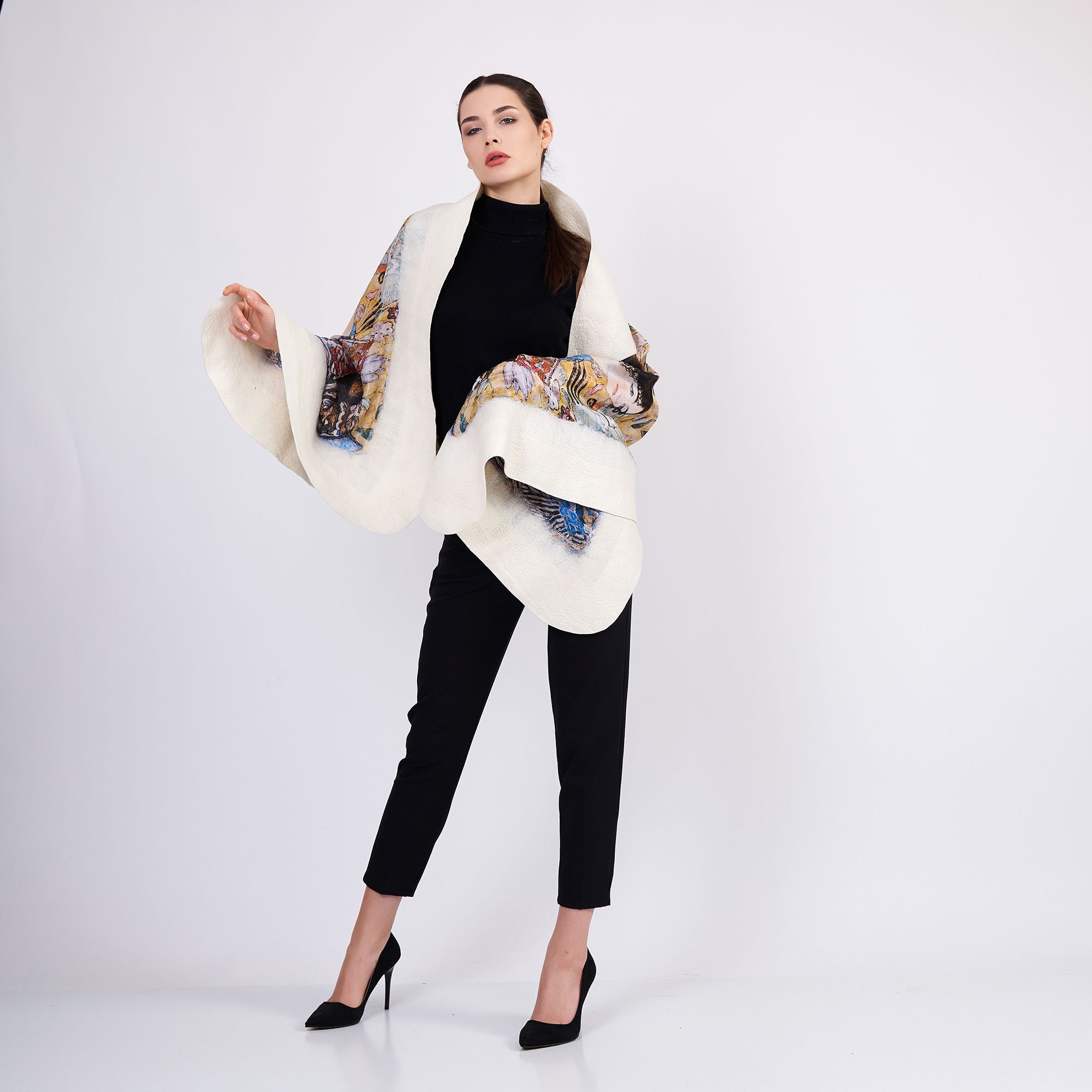 Silk and Felted Shawl | Gustav Klimt Lady with Fan | Ecru