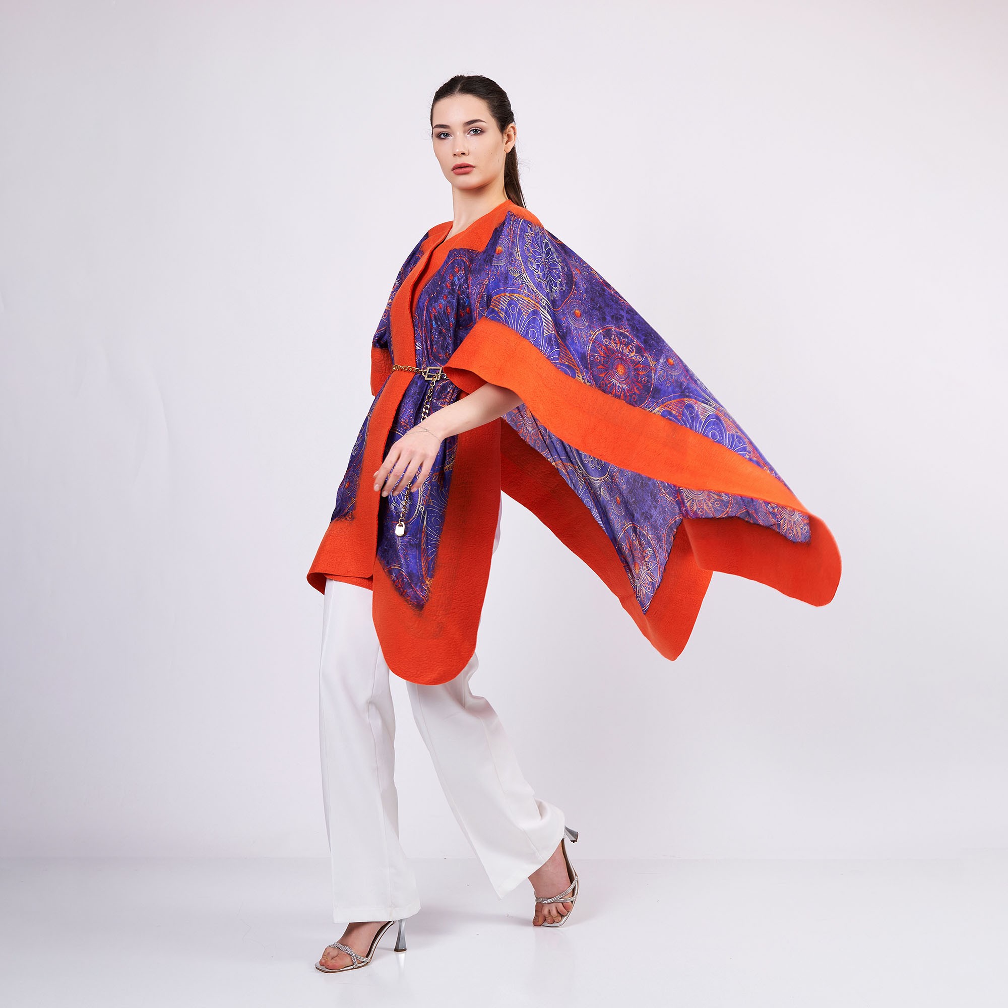 Handmade Silk Felted Women Poncho | Mandala Pattern | Purple-Orange