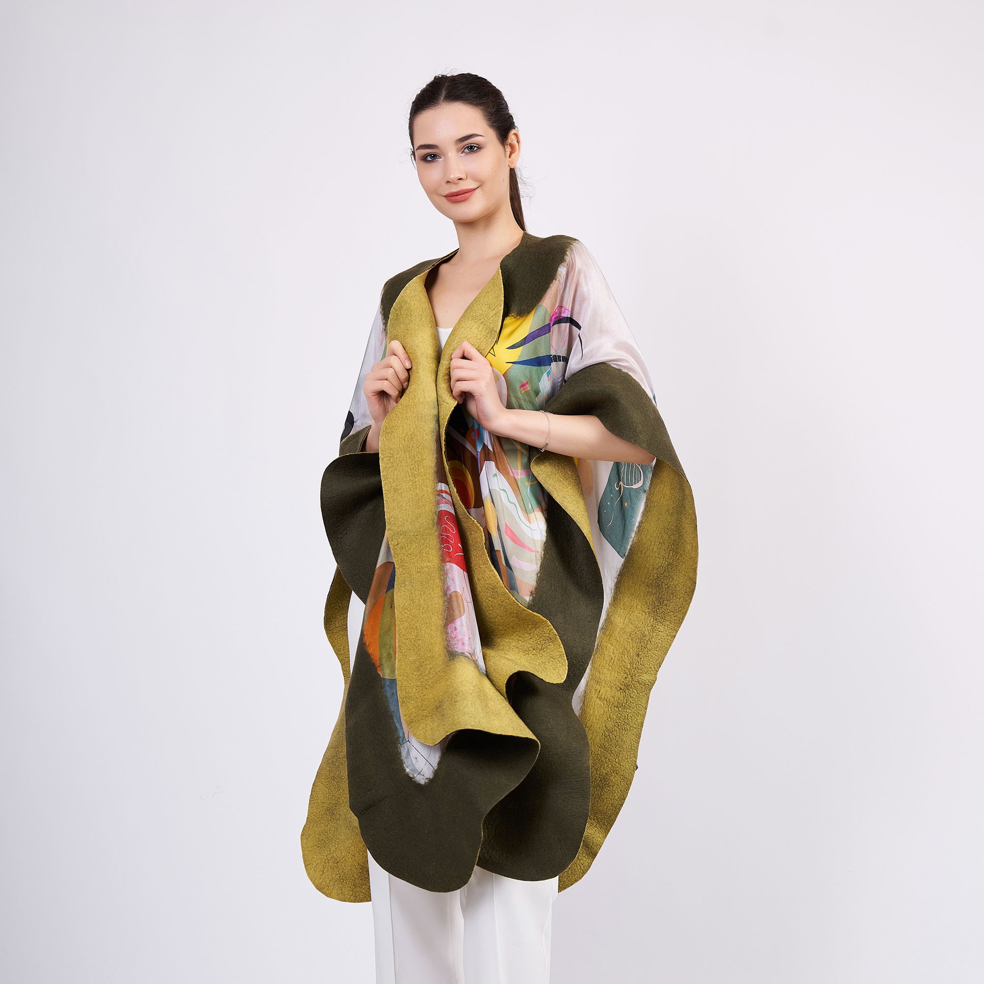 Handmade Silk Felted Women Poncho |  Khaki Kandinsky Dominant Curve | Plus Size Luxury Wool Poncho
