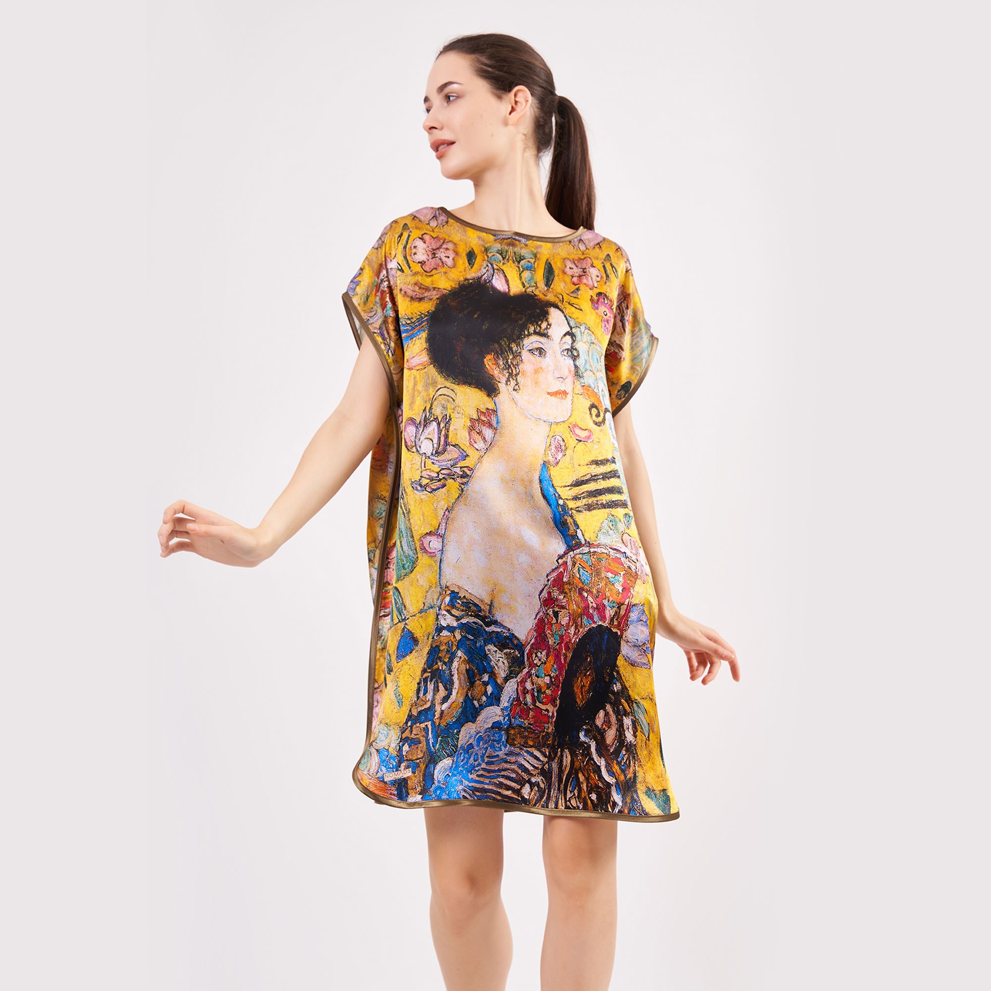 Pure Silk Plus Size Short Dress For Women | Oversized Short Kaftan Gustav Klimt Lady with Fan | Loose Fitting Dress