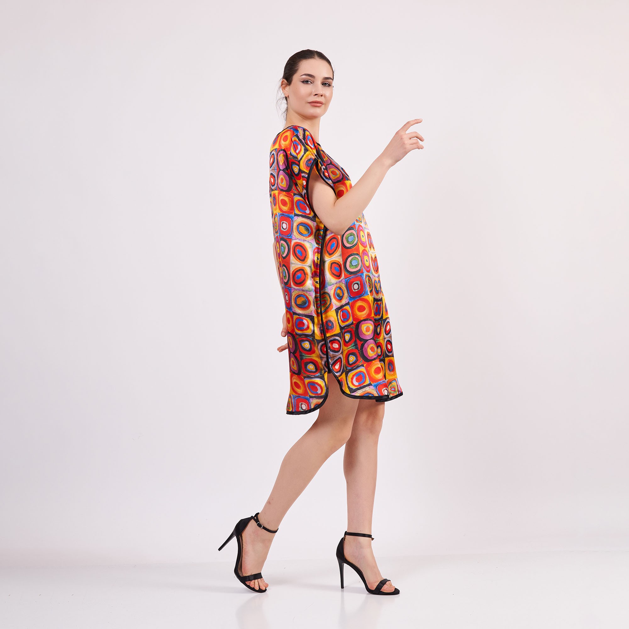 Pure Silk Plus Size Short Dress For Women | Oversized Short Kaftan Kandinsky Squares with Circles | Loose Fitting Dress