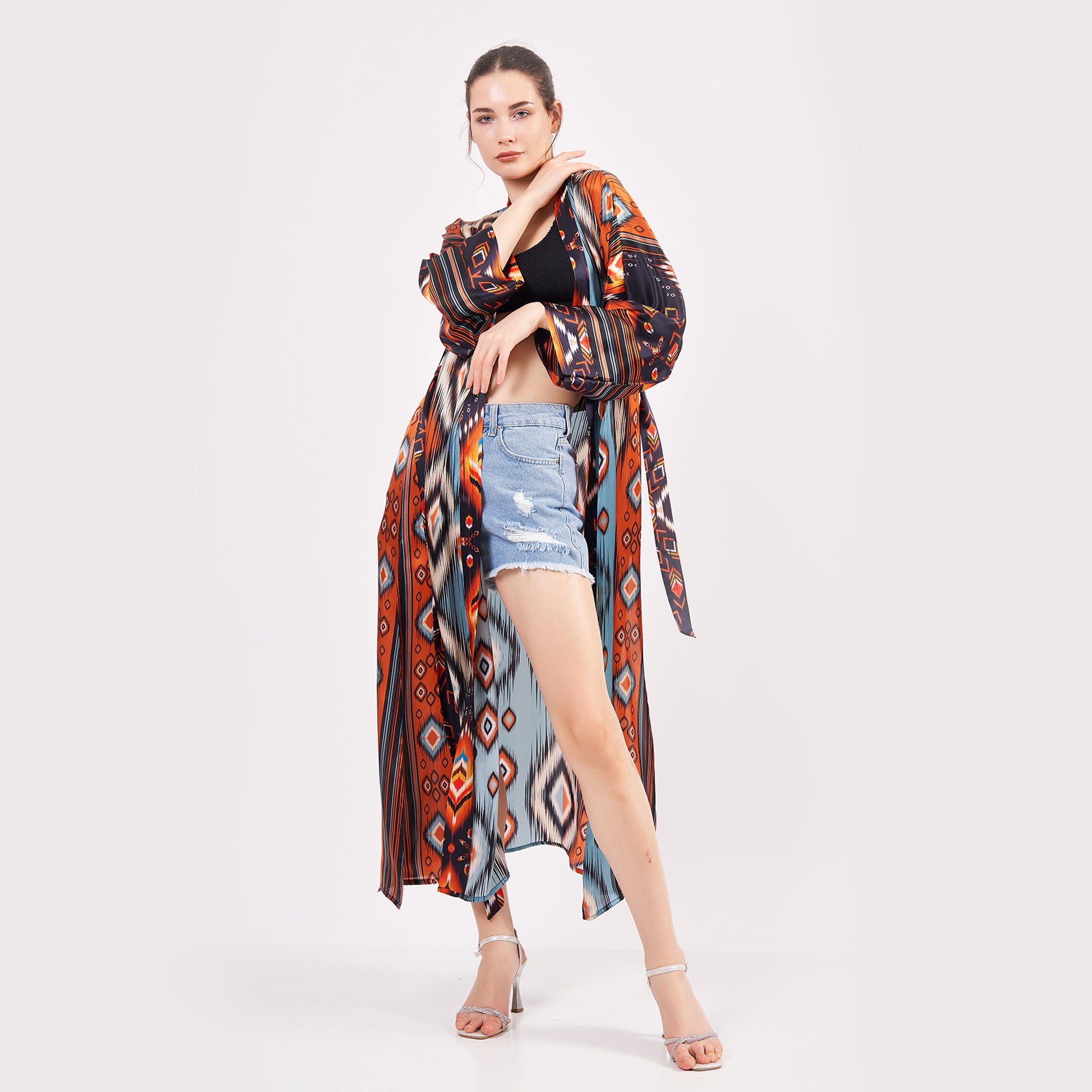 Pure Silk Maxi Kimono Kaftan | Ikat Pattern 10 | Oversized Long Kimono Robe | Beachwear for Women | Plus Size Luxury Kaftan Pool Wear