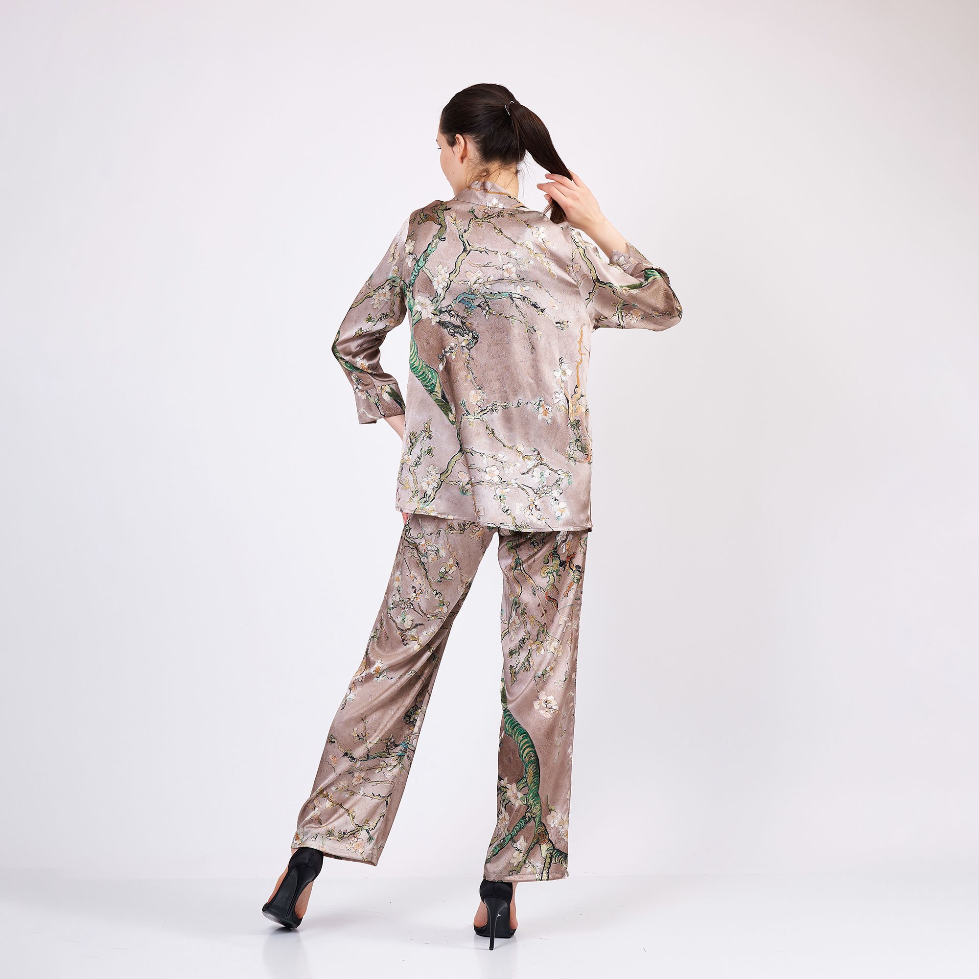 Silk Shirt Pants Set/Pajamas Set for Women | Van Gogh Almond Blossoms Beige