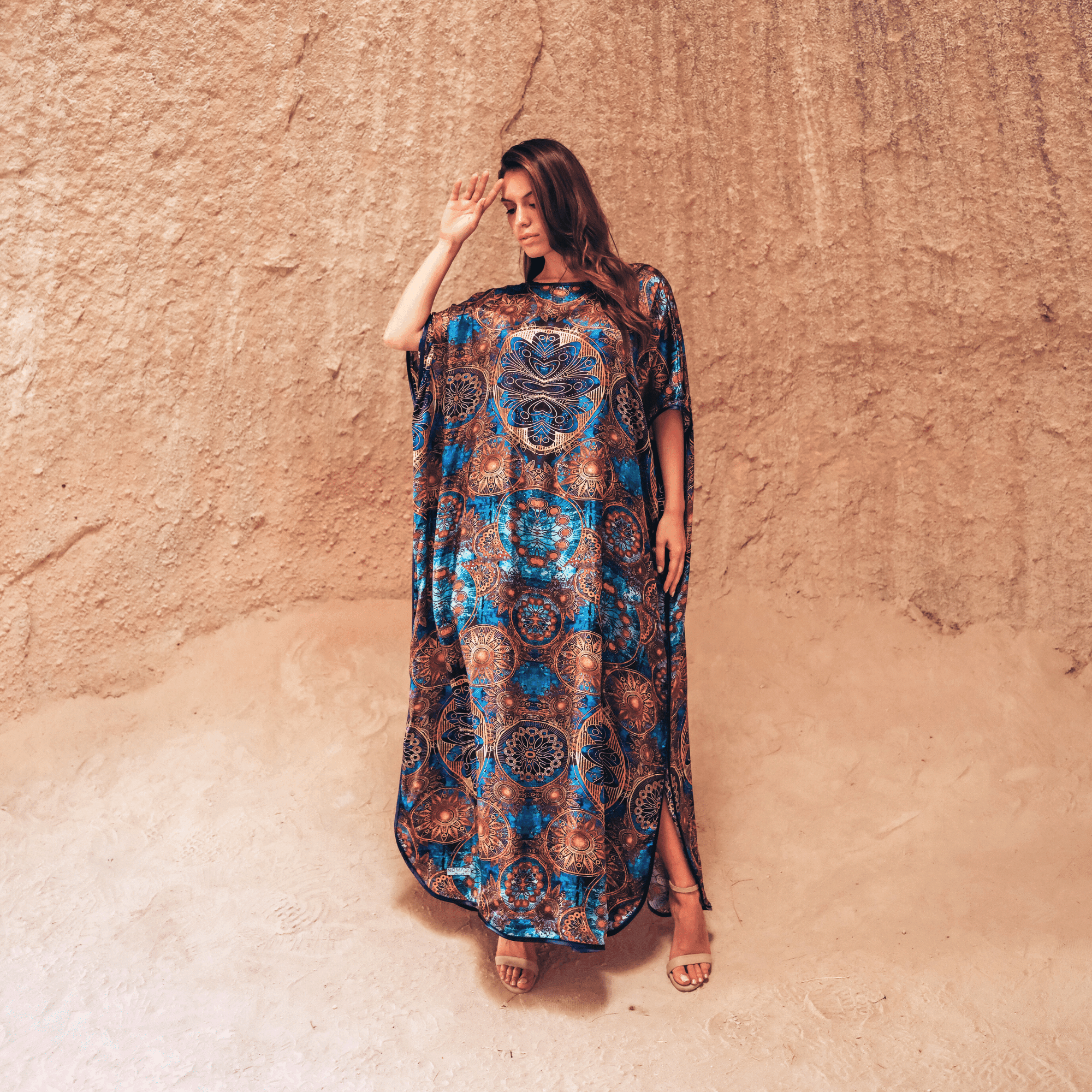 Saf İpek Uzun Elbise | Mavi Mandala Desen | Nomads Felt
